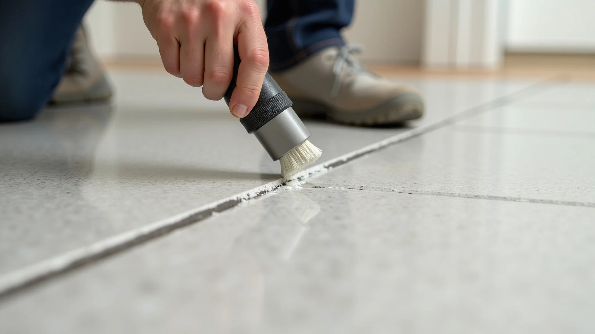 Aplicação de rejunte em porcelanato de grande formato, instalação profissional.