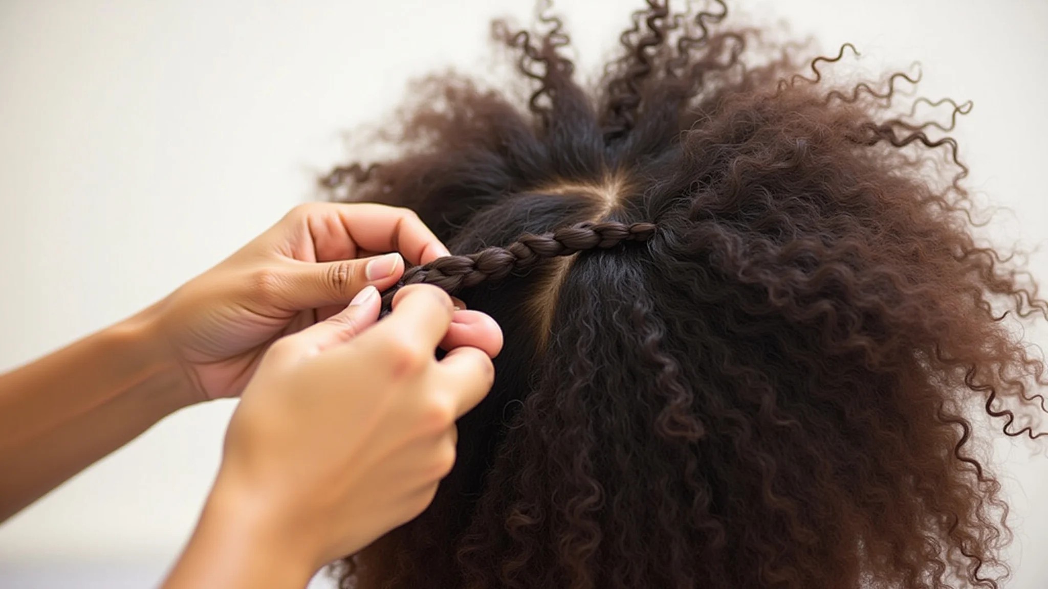 Mãos trançando tranças nagô em cabelo cacheado, foco na técnica.
