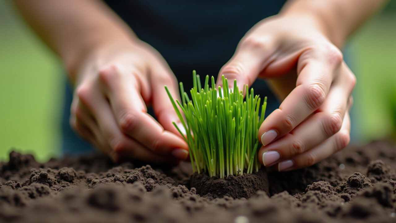 Mãos plantando sementes de cebolinha.