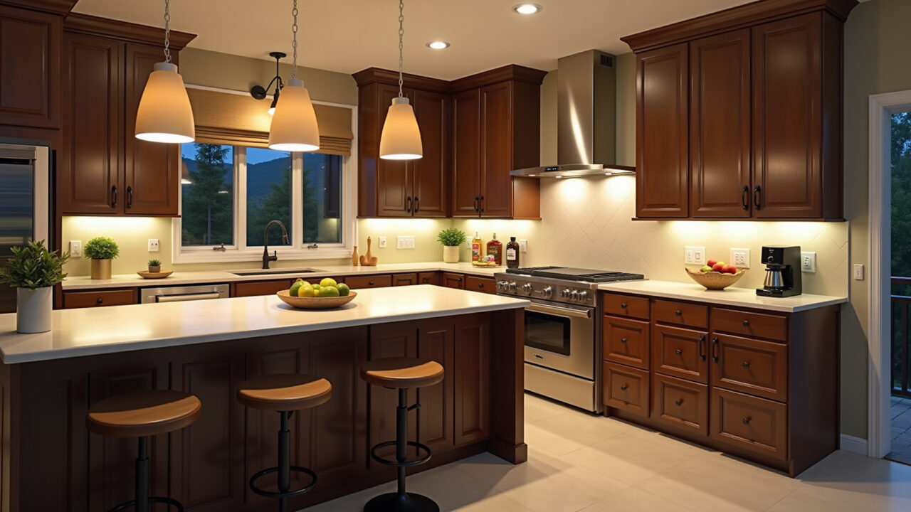 Design de iluminação de cozinha com iluminação geral, de tarefa e de destaque.