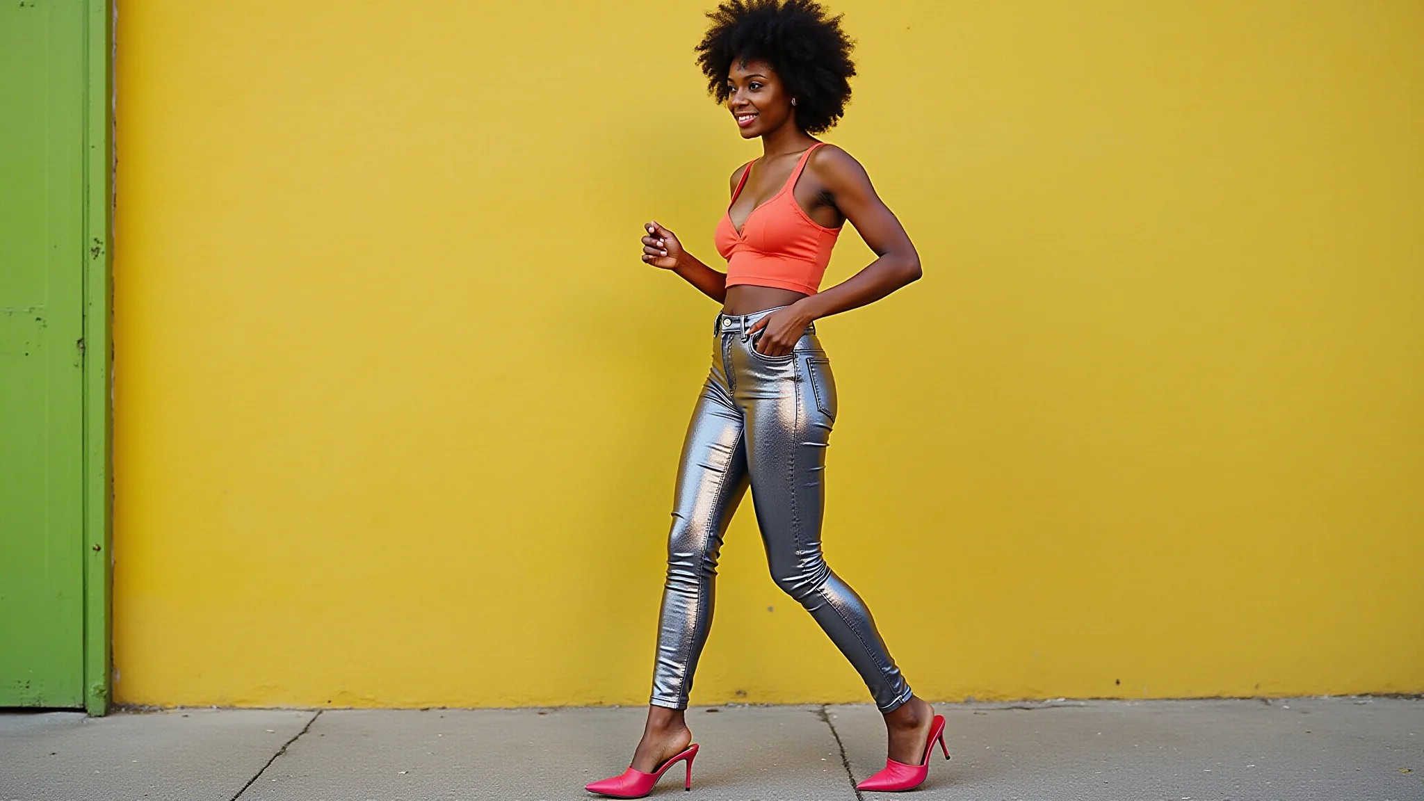 Jeans skinny metalizado e mule de salto alto, com cropped, mulher brasileira, cores vibrantes.
