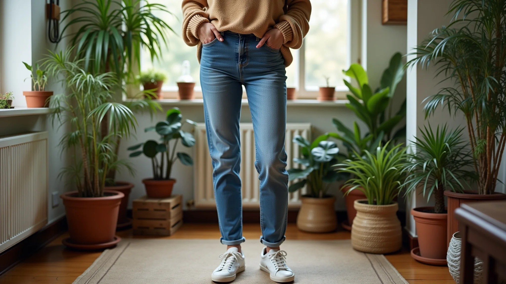 Mom jeans com suéter oversized e tênis em apartamento brasileiro aconchegante com plantas.