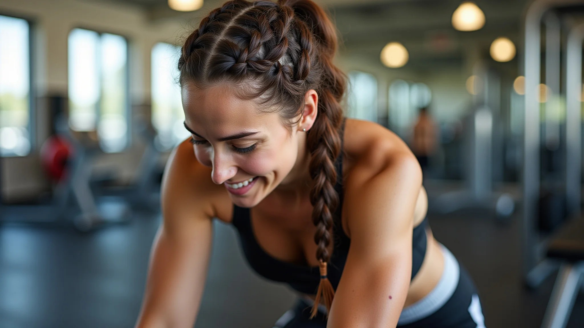 Tranças nagô boxeadoras em cabelo cacheado, mulher atlética na academia.