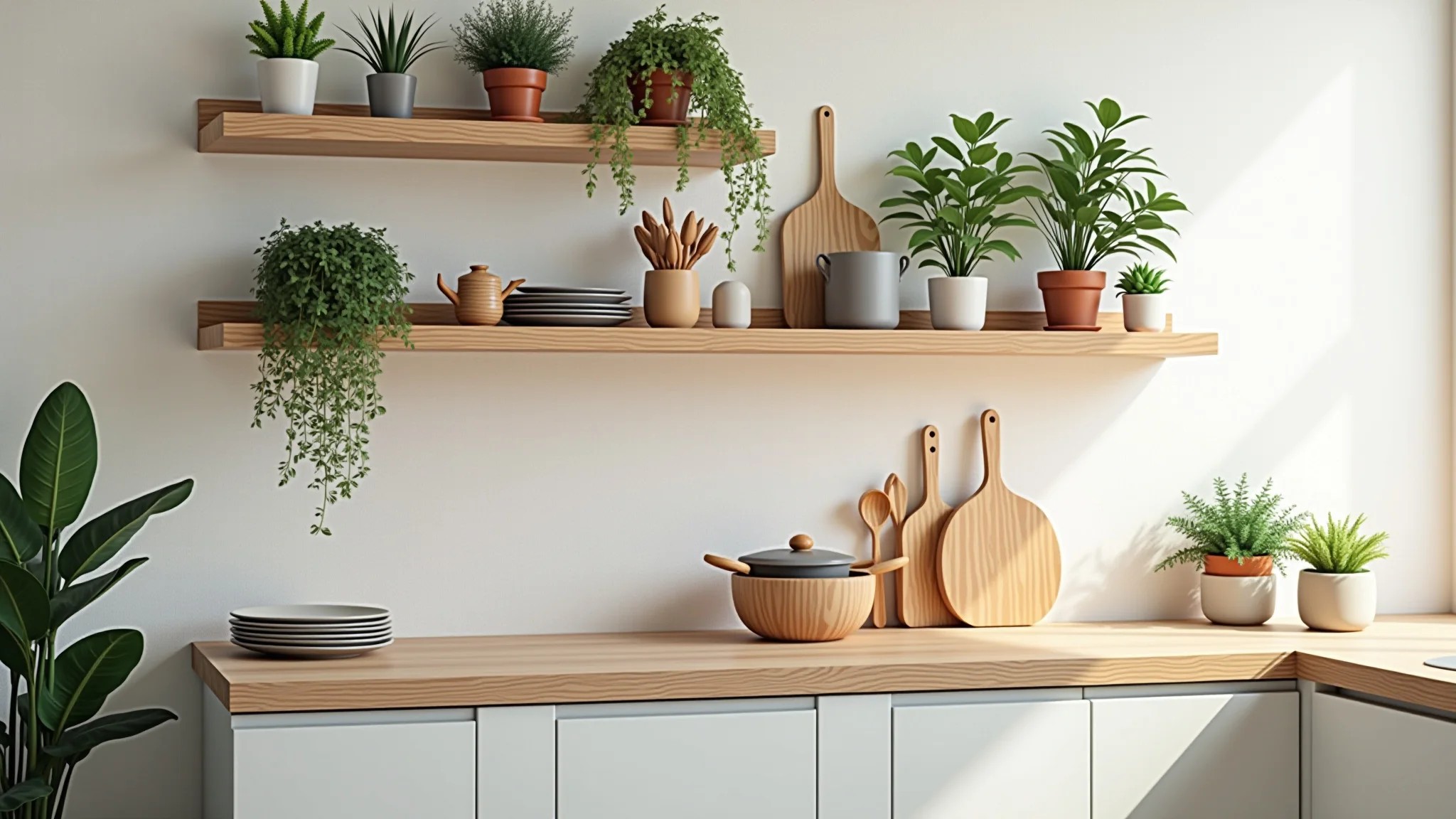 Prateleiras abertas com utensílios e plantas em cozinha americana simples e charmosa.
