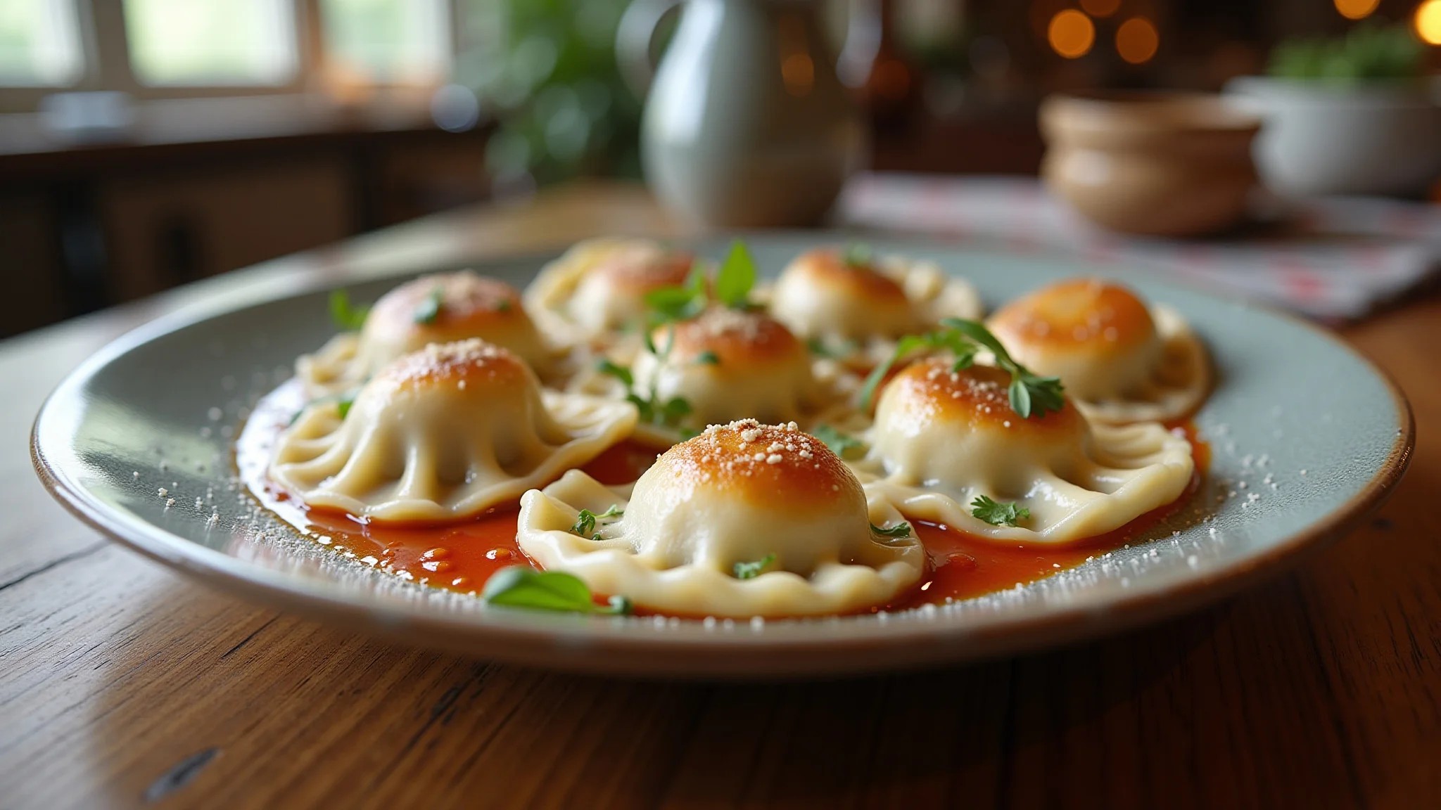 Pierogi poloneses, um prato tradicional, servido em uma mesa de madeira rústica.