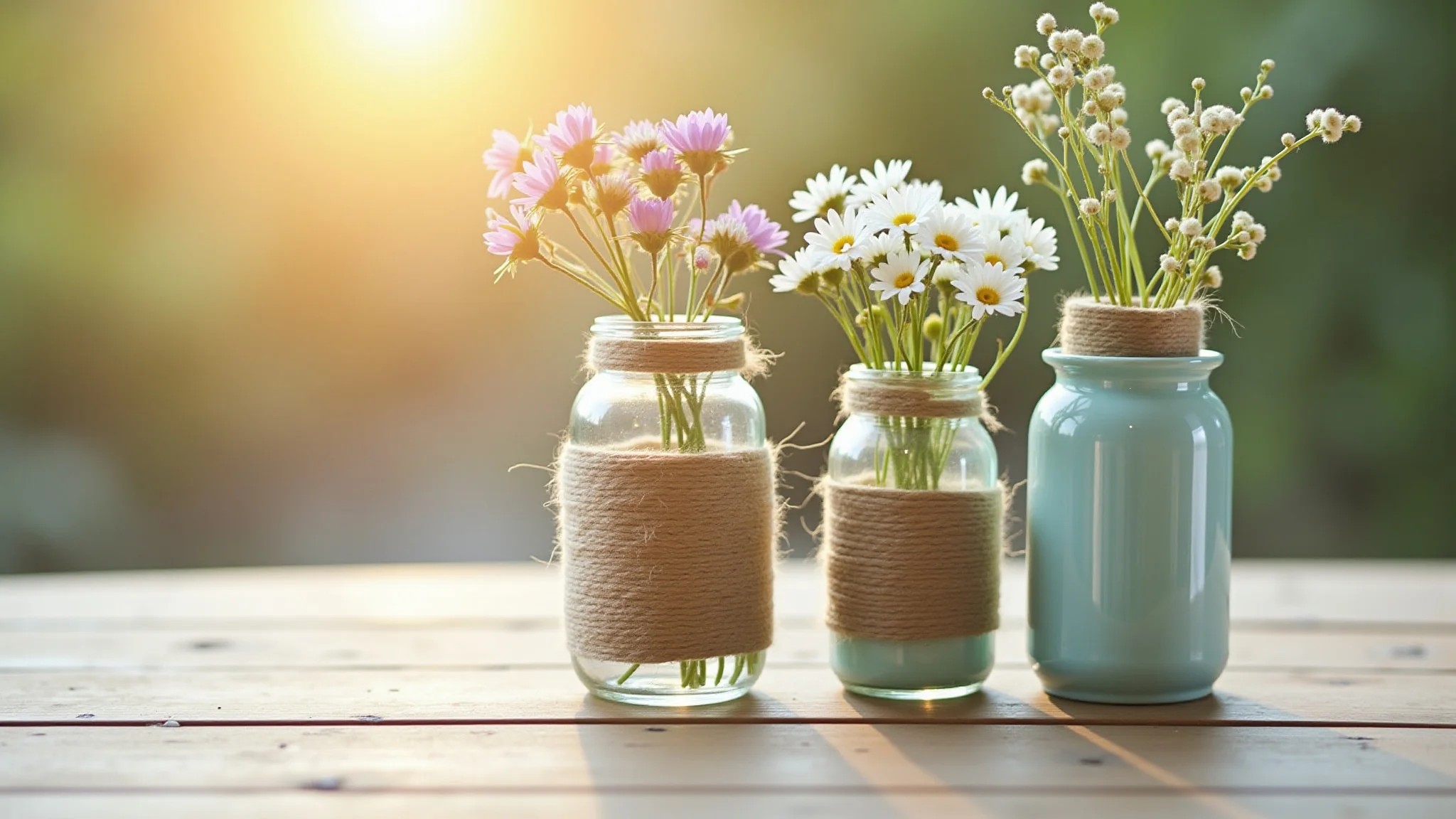Vasos decorativos DIY feitos com potes de vidro, barbante e tinta.