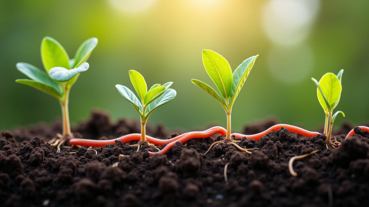 Plantas resistentes a doenças com minhocas no solo.