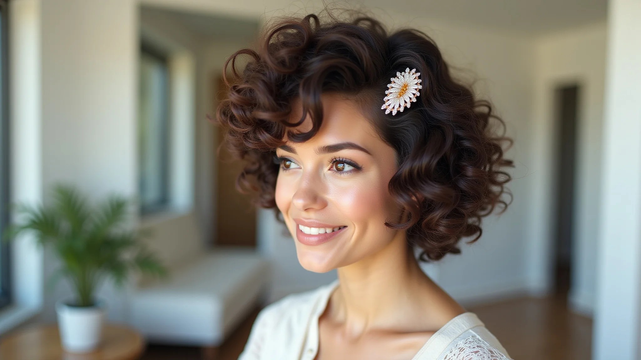 Cabelo crespo curto penteado para o lado com presilha.