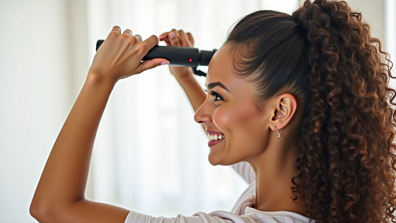 Mulher modelando o cabelo fino com babyliss para criar ondas suaves.