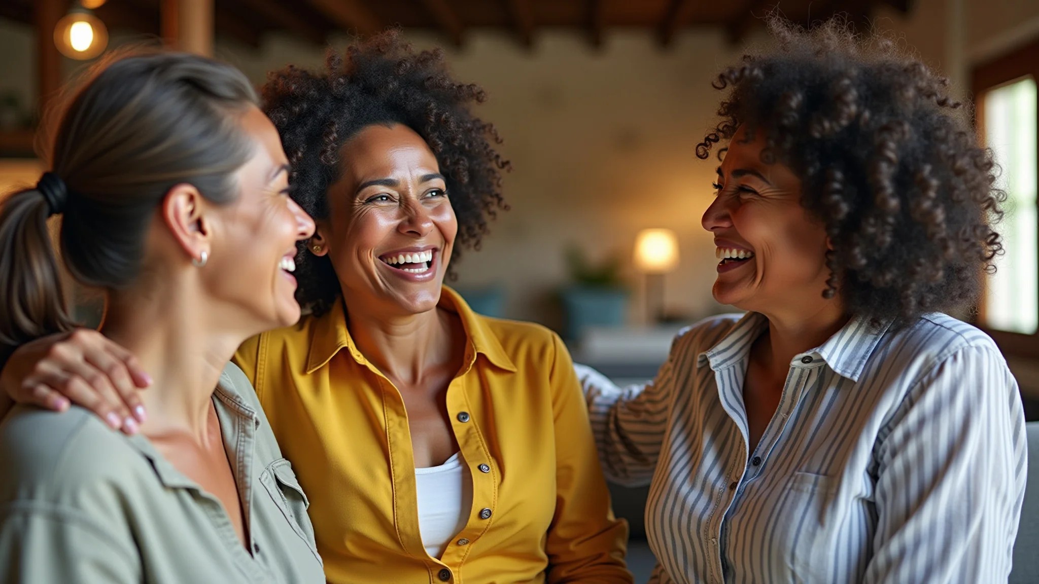 Mulheres brasileiras de diferentes idades rindo e se apoiando em ambiente acolhedor.