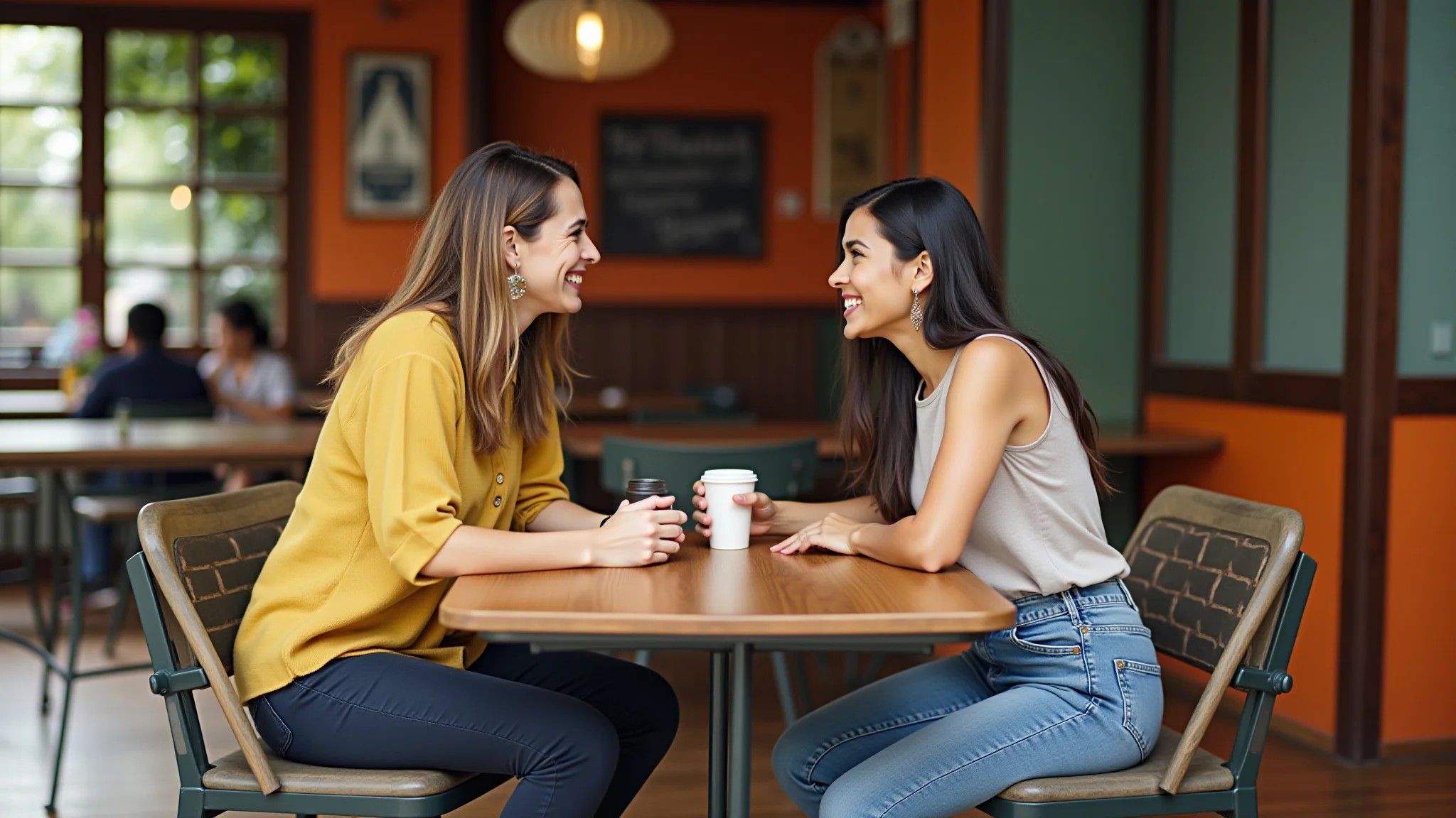 Mães conversando em café brasileiro, trocando experiências.