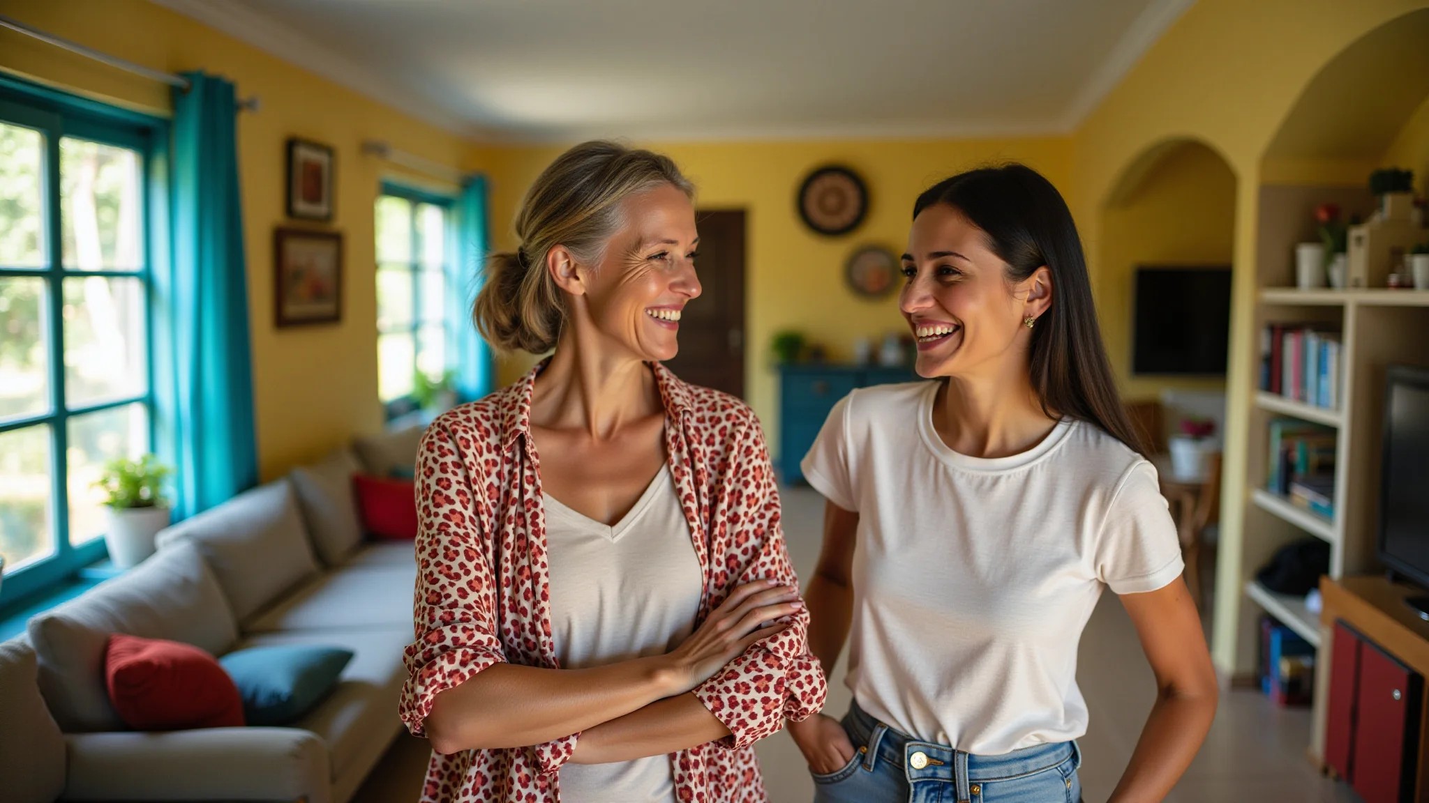 Sogra e nora sorrindo e conversando em sala colorida com decoração brasileira.