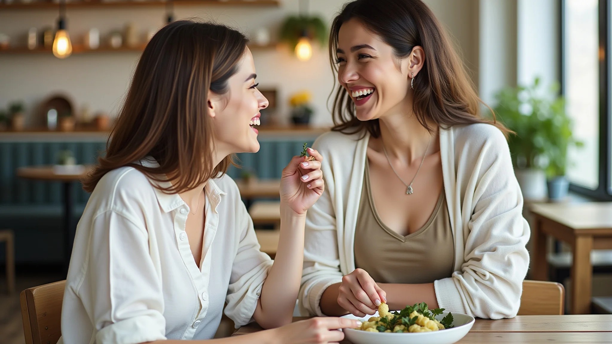 Duas amigas rindo em café da moda usando roupas de linho.