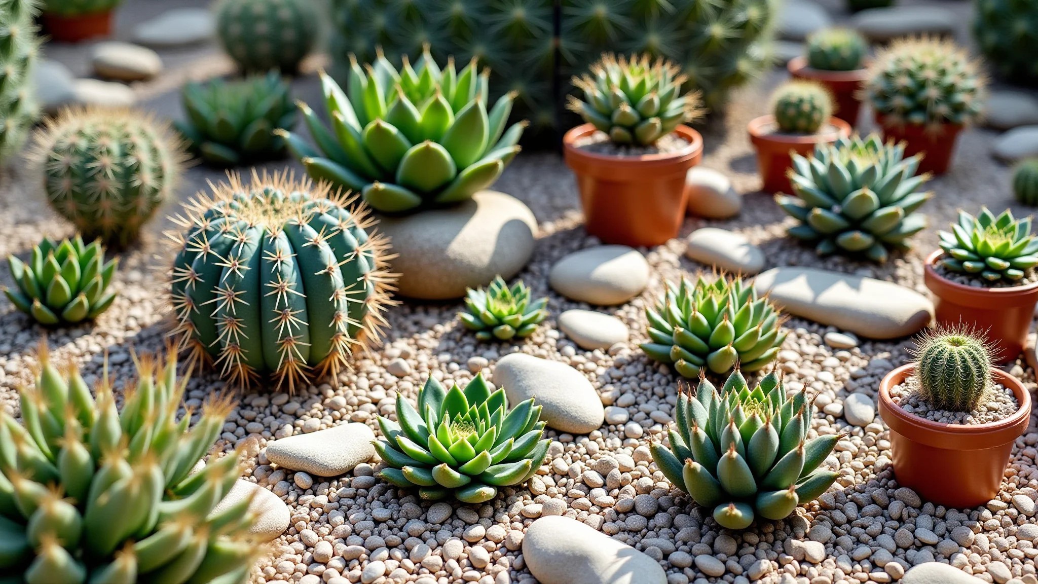 Jardim de pedras com diversas suculentas e cactos, mostrando texturas e cores.