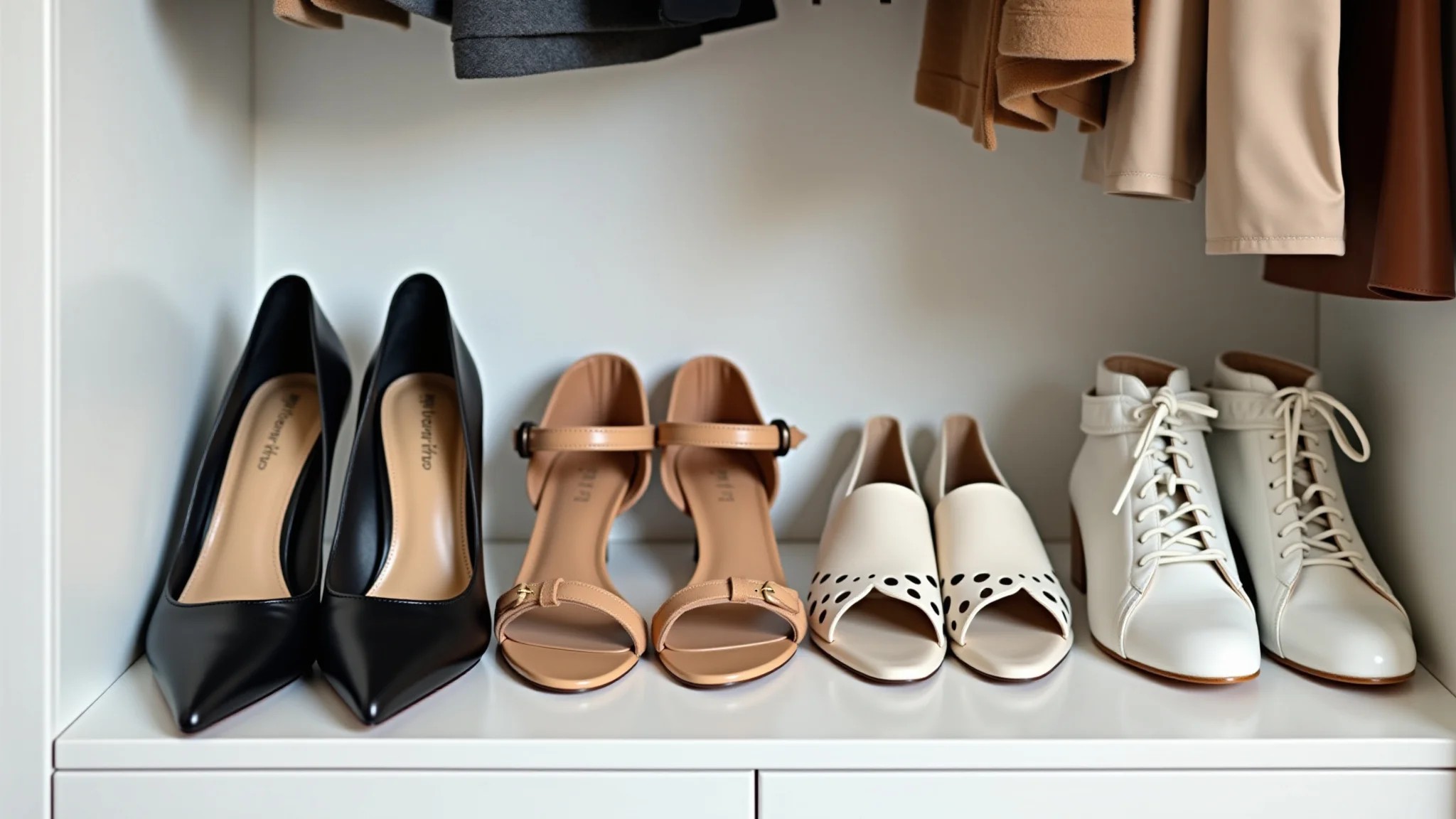 Sapatos versáteis: salto preto, sandália nude, tênis branco, bota cano curto em closet moderno.