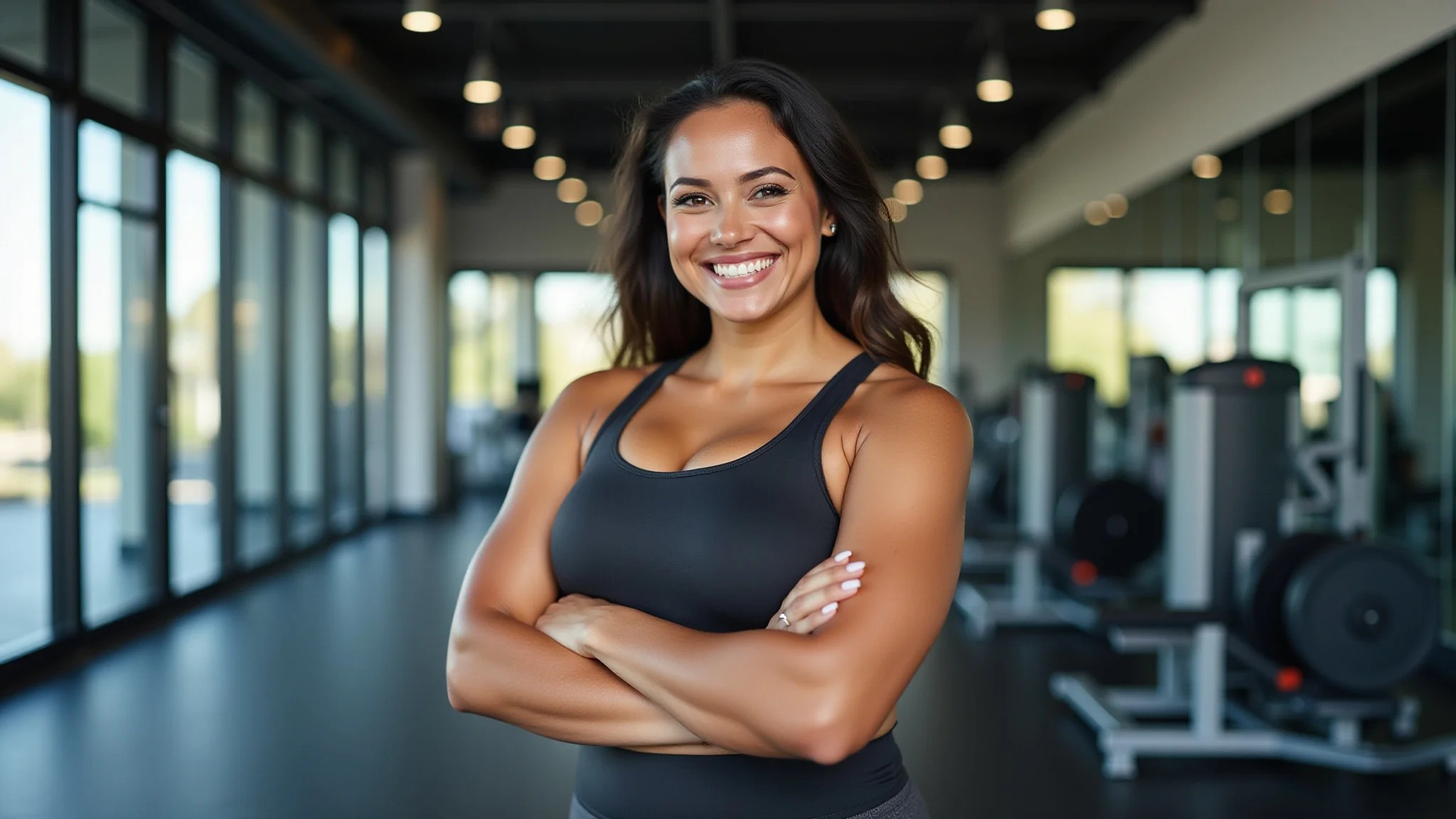 Mulher plus size confiante em roupa fitness estilosa, sorrindo em academia moderna.