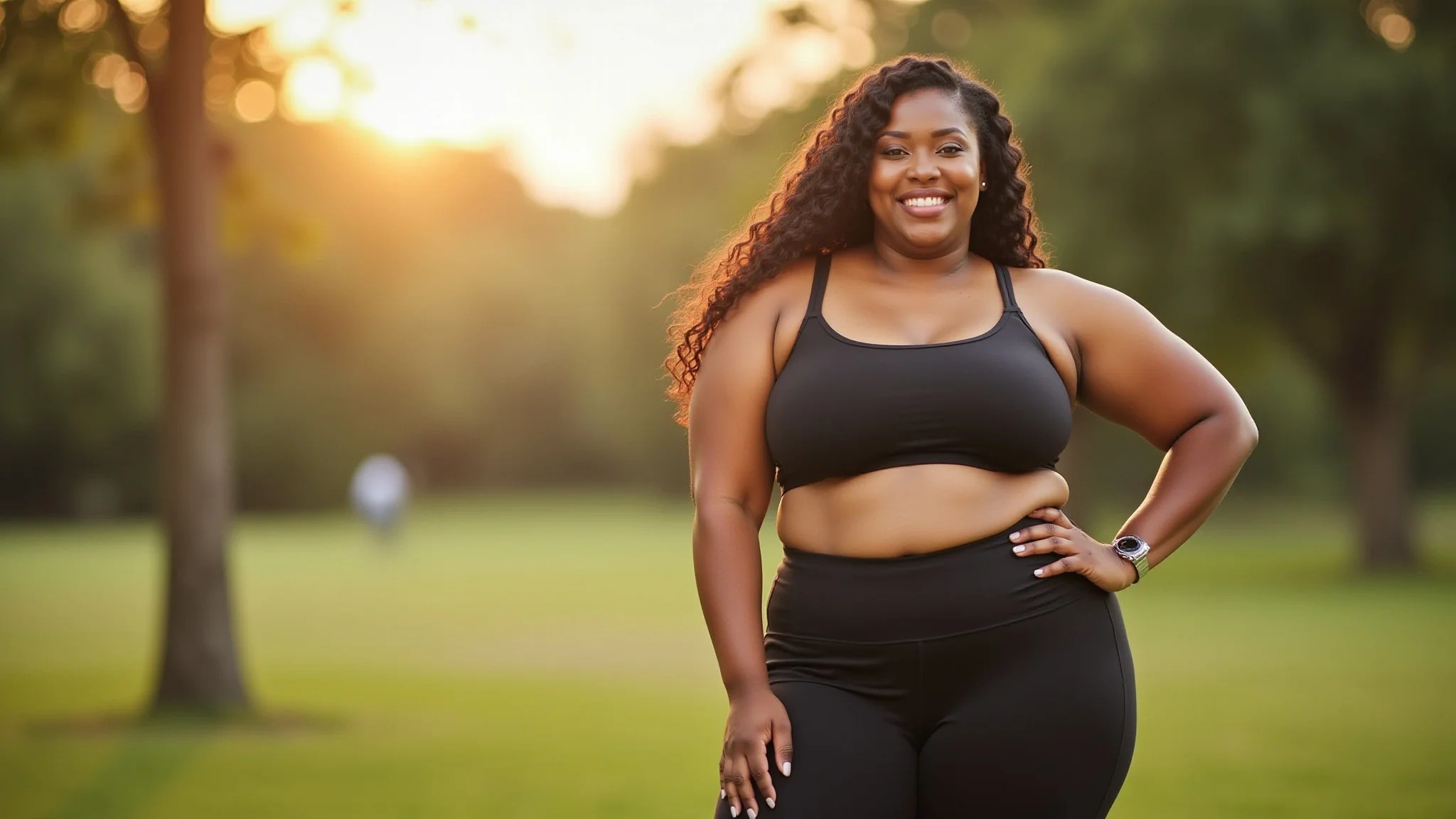 Mulher plus size usando roupa fitness estilosa em parque, pose confiante sob luz dourada.