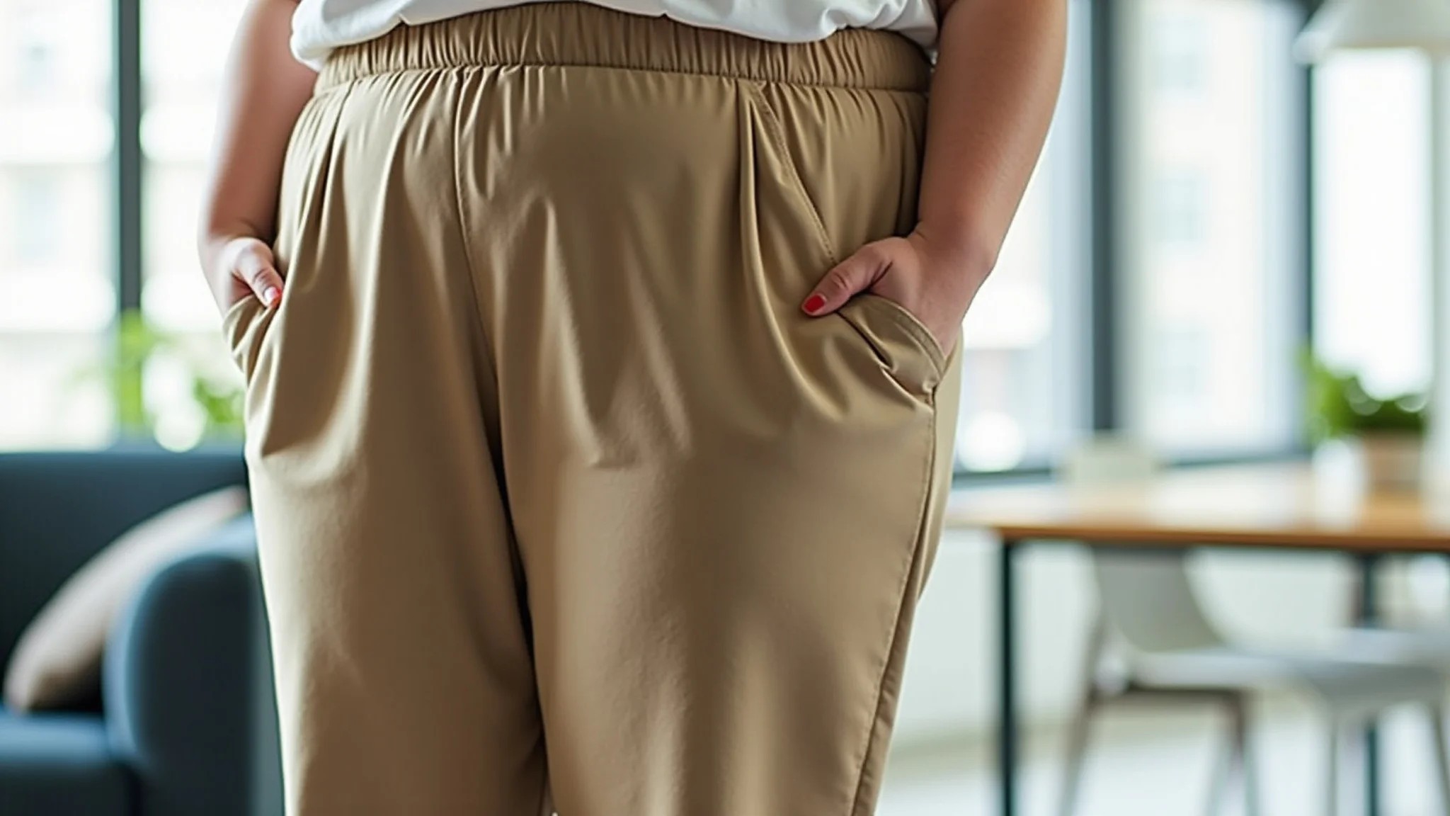 Mulher plus size com calça pantalona em escritório moderno e bem iluminado.