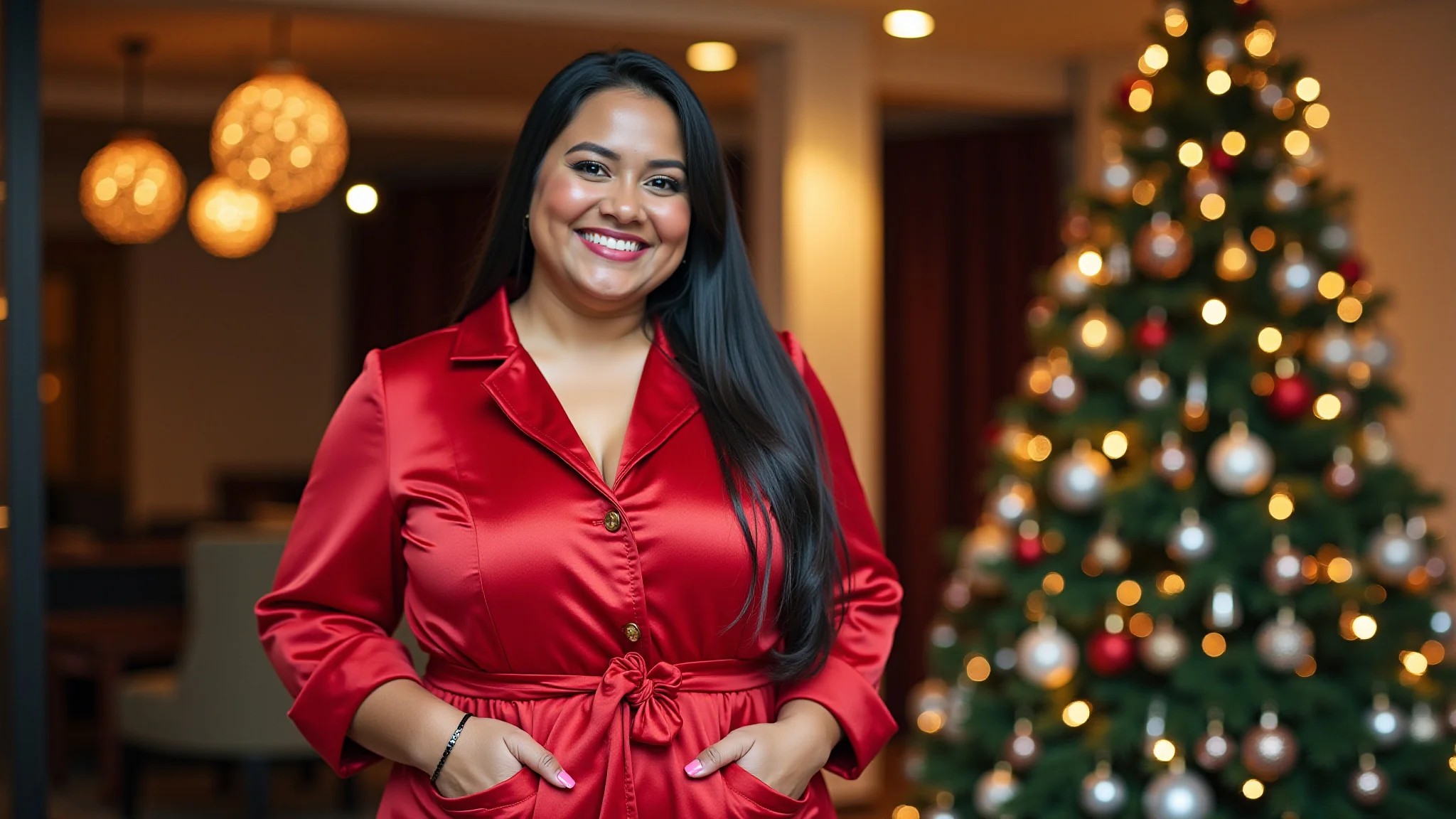 Mulher plus-size em macacão estiloso no amigo secreto da empresa, expressão feliz.