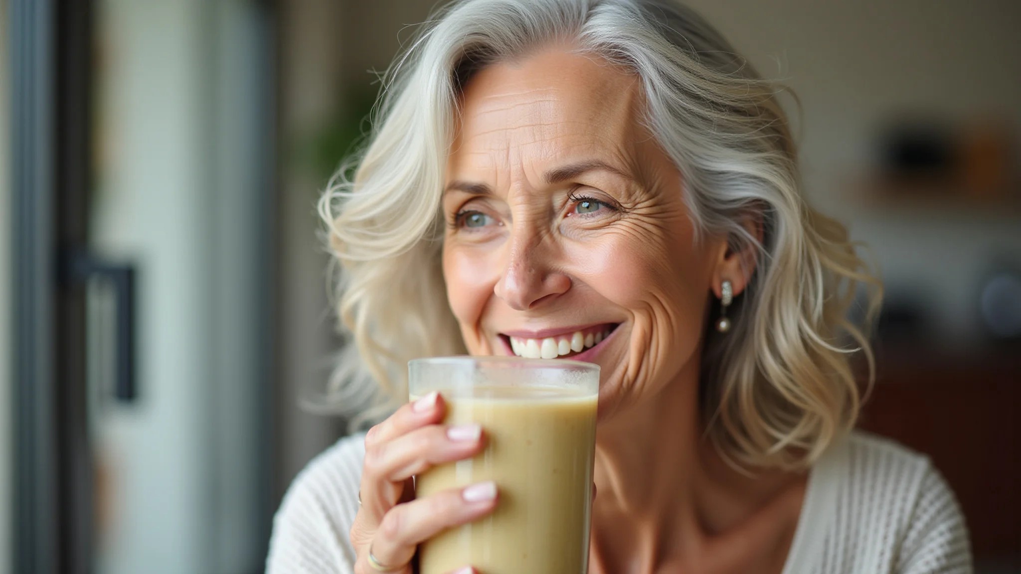 Mulher idosa sorrindo enquanto bebe smoothie com colágeno para pele e cabelo saudáveis.