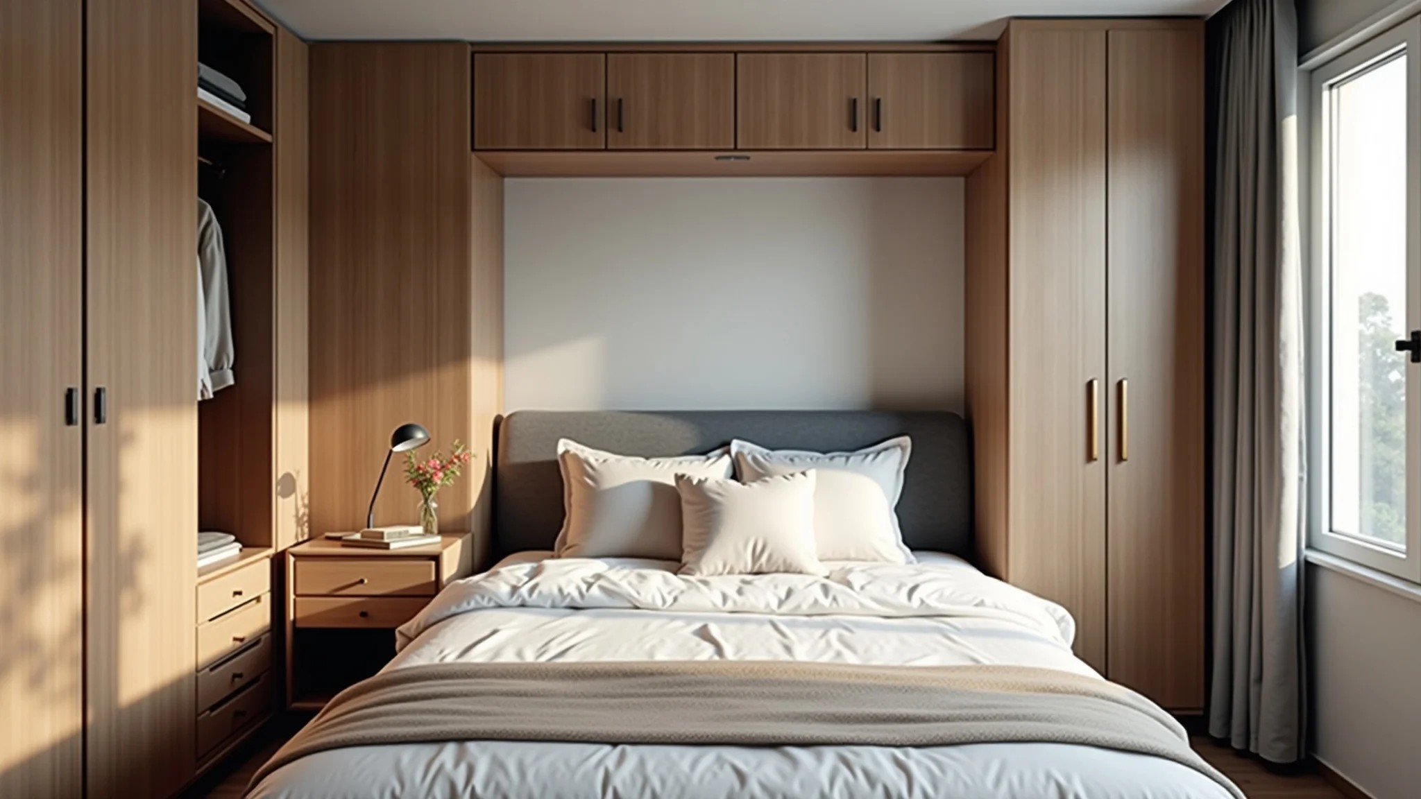 Quarto pequeno com móveis multifuncionais e design brasileiro.