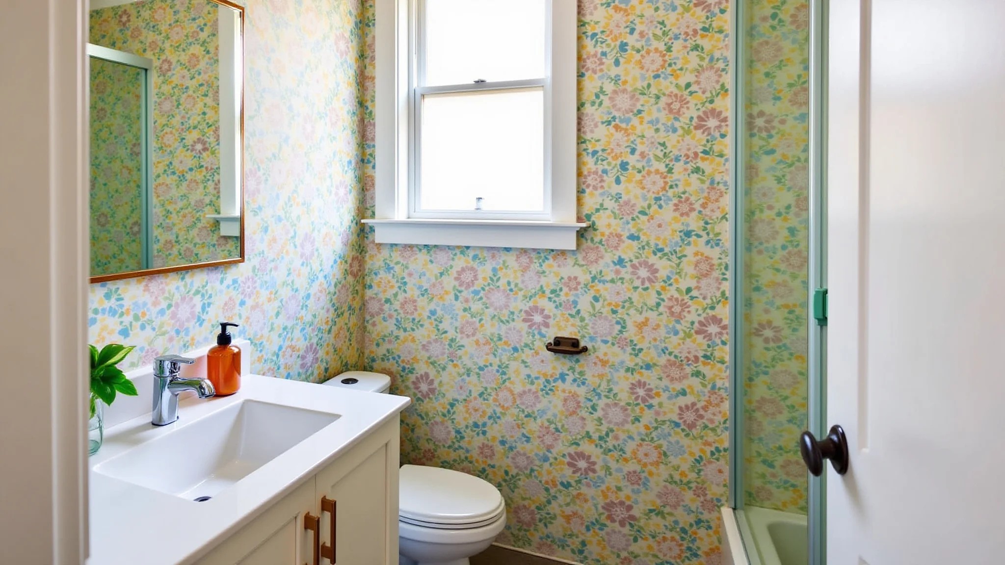 Banheiro pequeno com azulejos adesivos coloridos, decoração vibrante e reforma econômica.