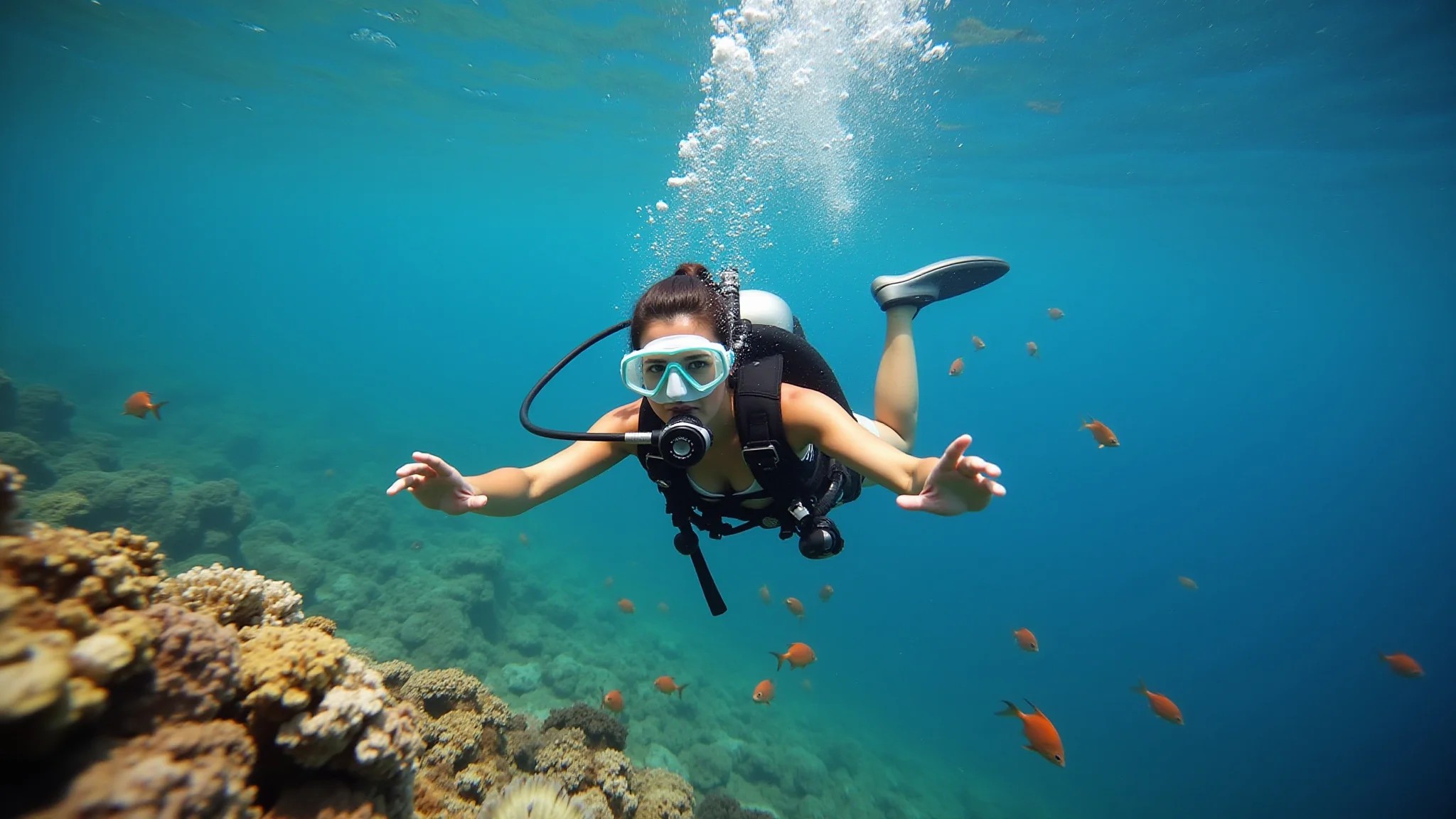 Mergulhadora explorando a vida marinha vibrante em Arraial do Cabo, Rio de Janeiro.