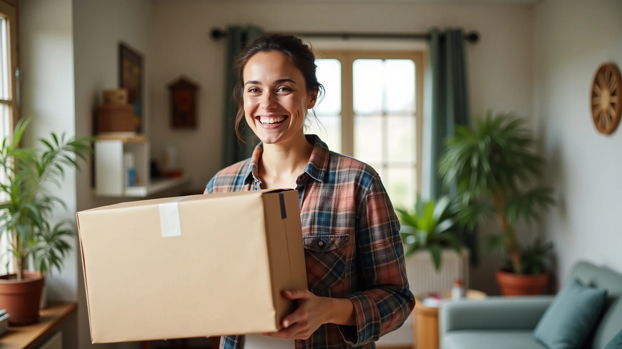 Mulher feliz recebendo pacote de brechó online em ambiente decorado.