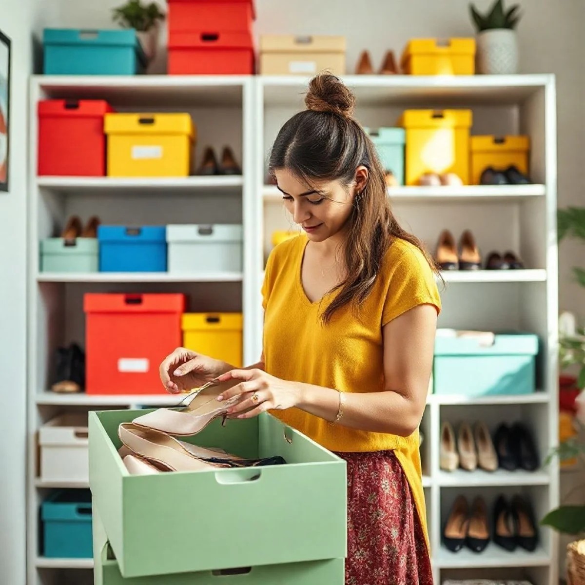 Mulher organizando sua coleção de sapatos em caixas coloridas e prateleiras.