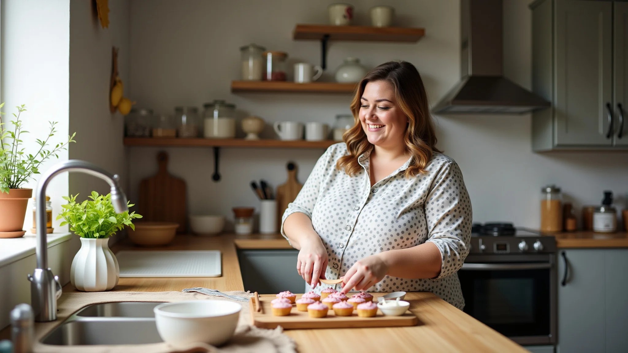 Mulher sorrindo enquanto embala doces caseiros em cozinha aconchegante.