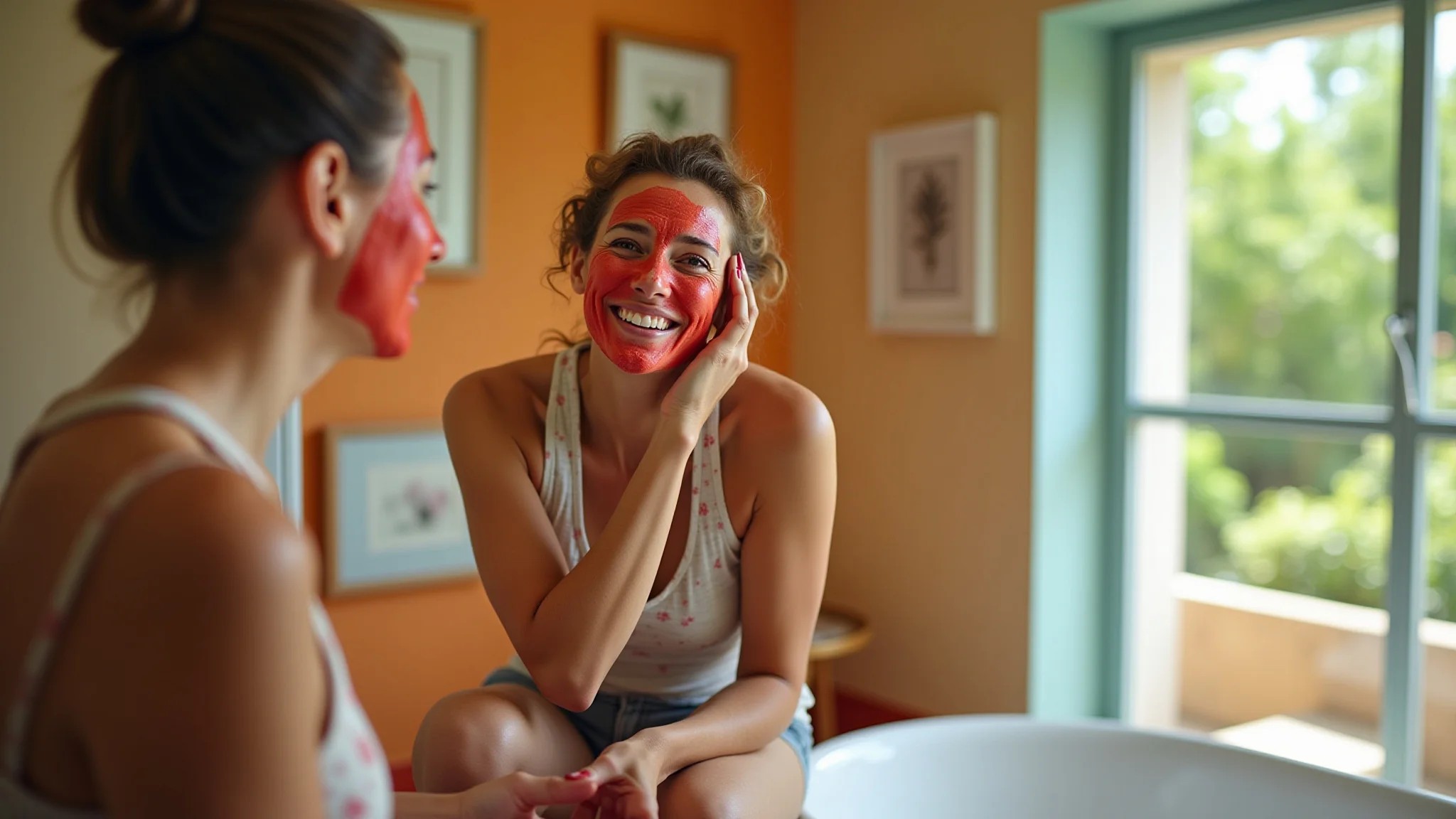 Mulher de 40 anos aplicando máscara de argila vermelha em banheiro vibrante com decoração brasileira.