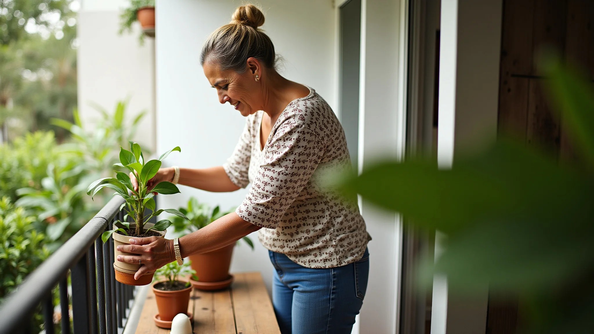 Mulher cuidando de um copo de leite em varanda sombreada com decoração estilo Farm Rio.