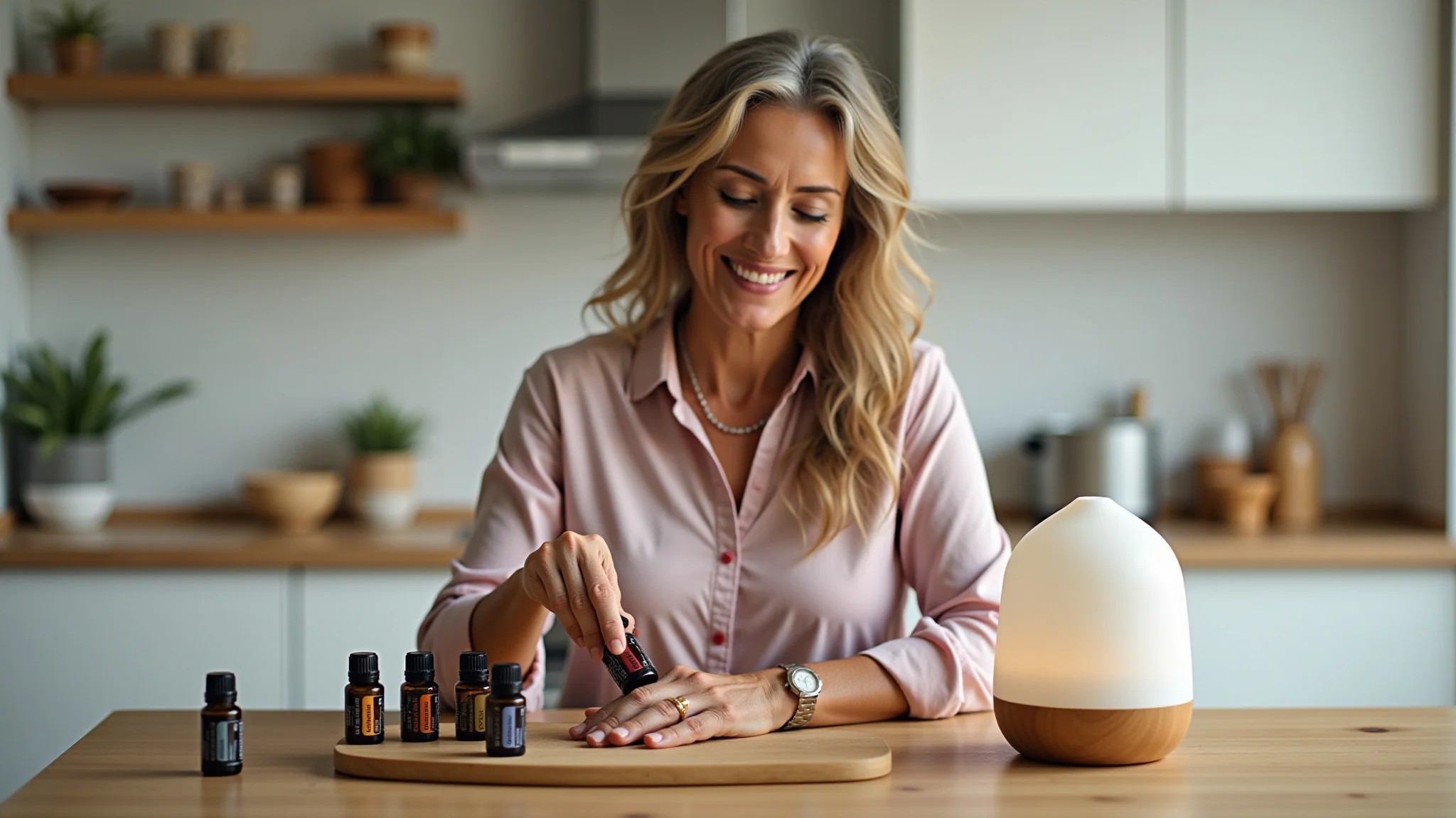 Mulher de 40 anos misturando óleos essenciais para aromatizador na cozinha.