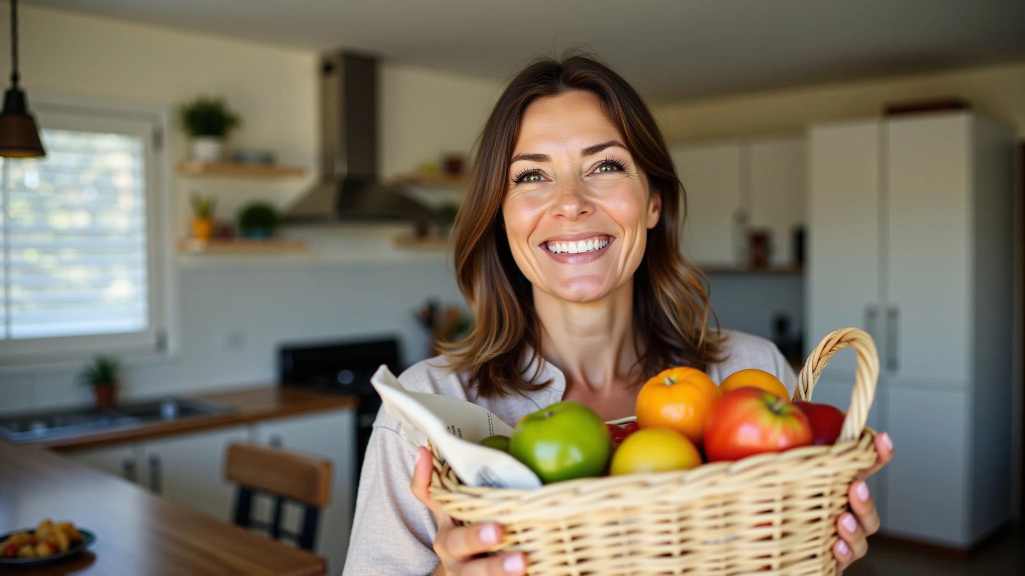 Mulher sorrindo com cesto de jornal cheio de frutas na cozinha.