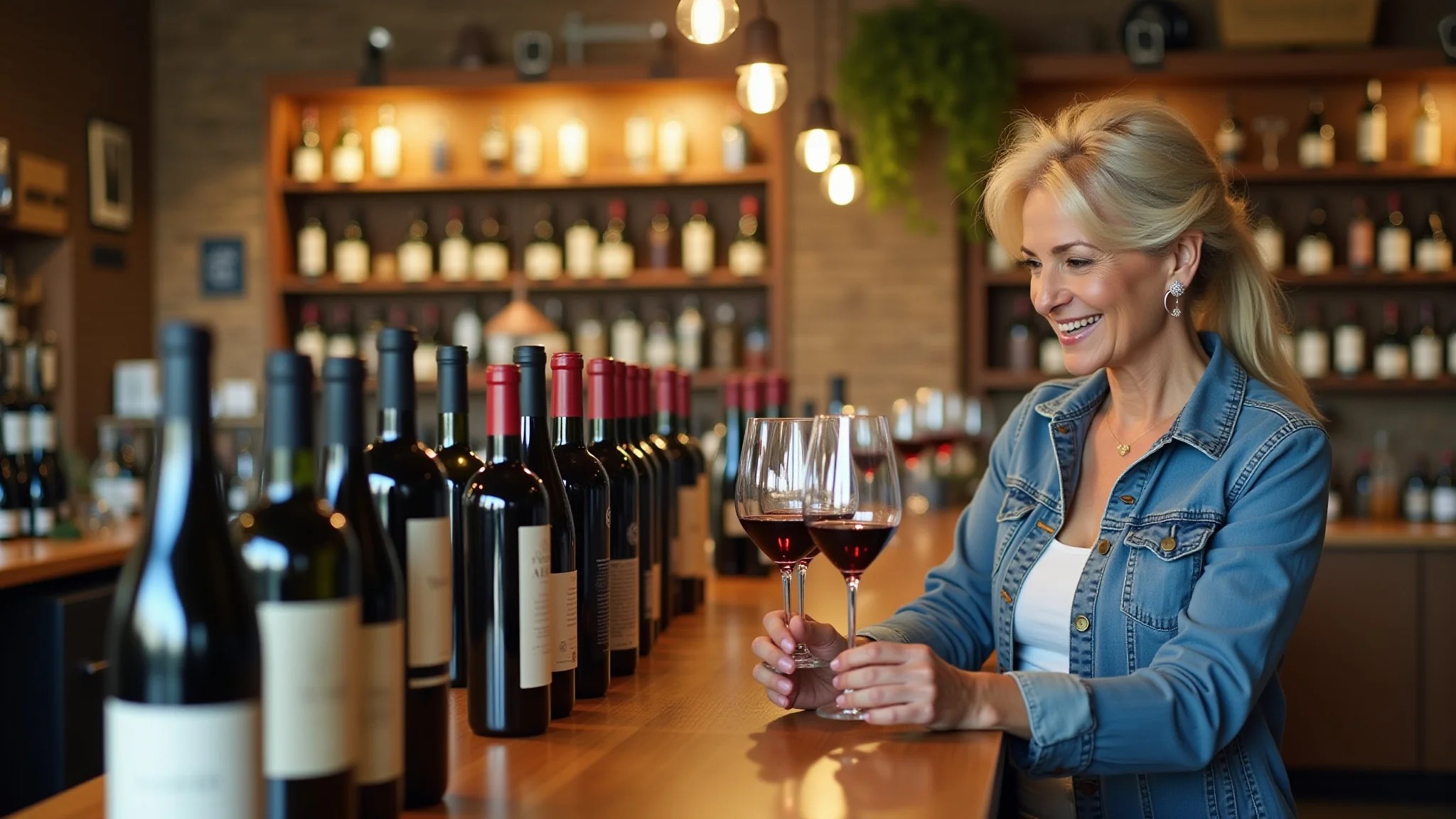 Mulher comprando vinhos em loja de vinícola brasileira, com design local e iluminação aconchegante.