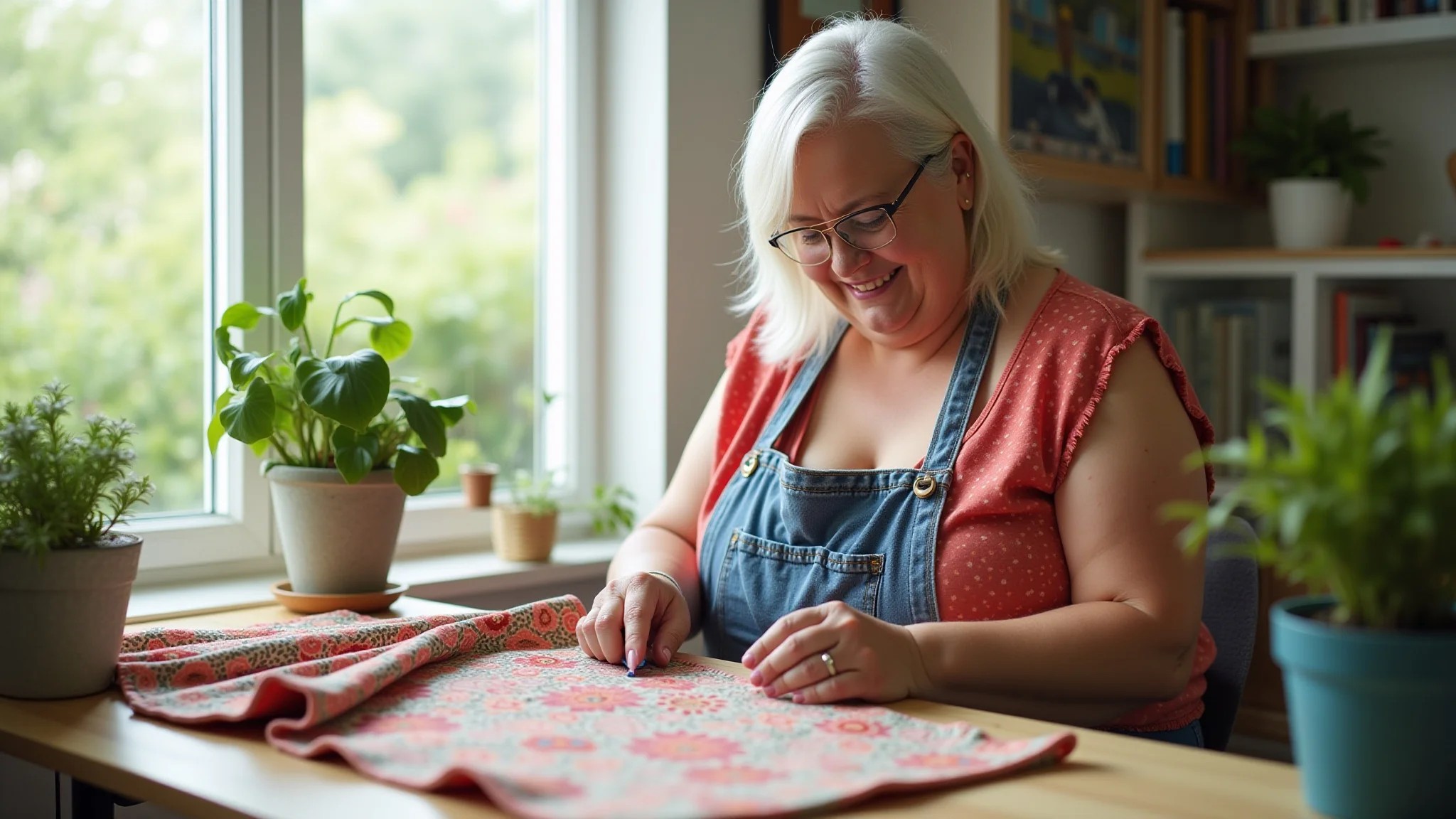 Mulher de 50 anos, plus size, costurando patchwork em casa brasileira iluminada e aconchegante.