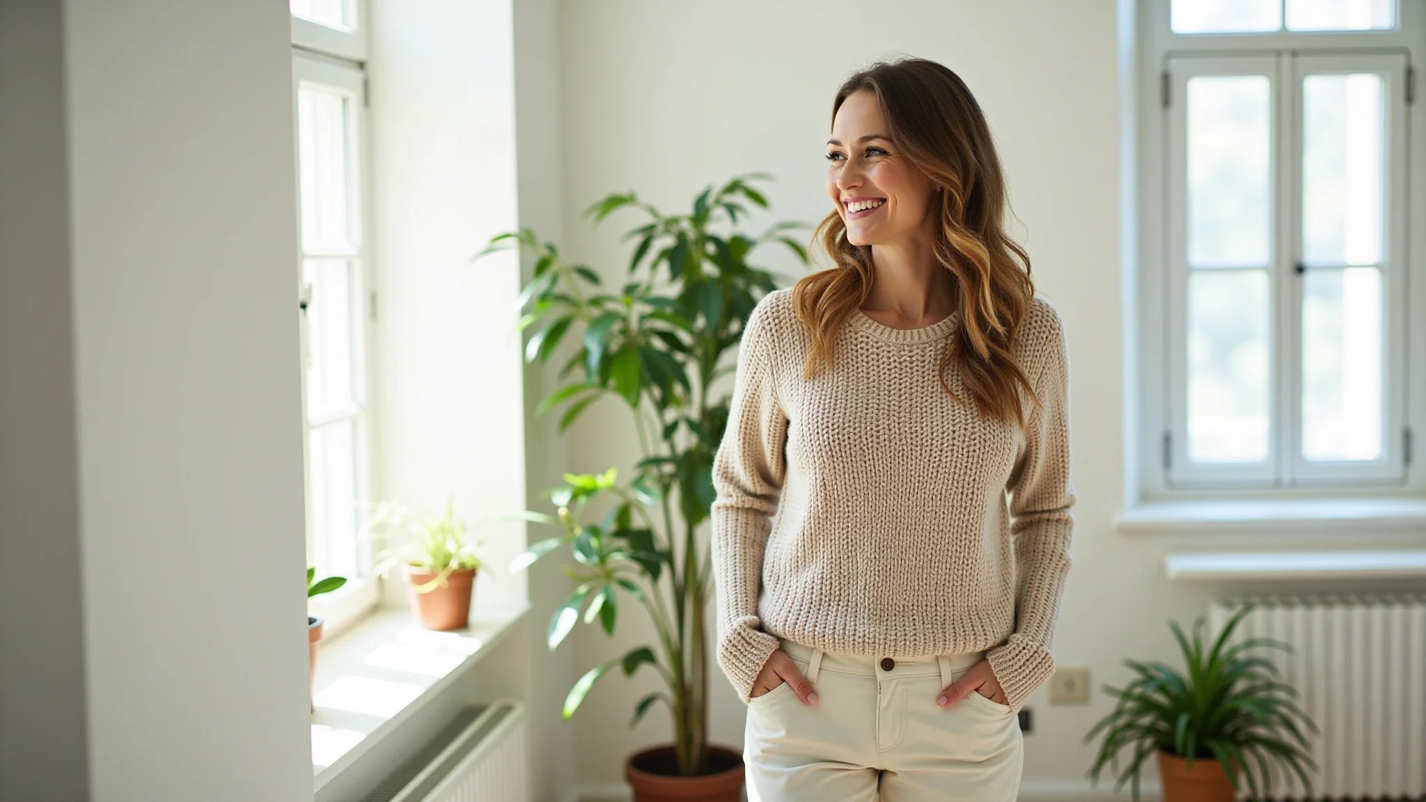Mulher sorrindo, vestindo calça de linho e blusa de malha, estilo comfy chic.