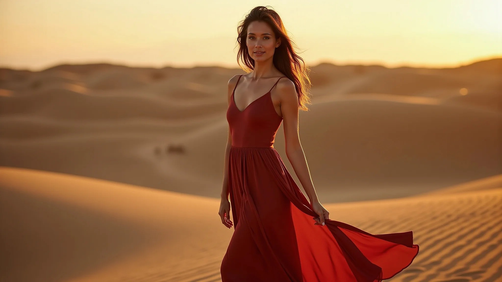 Mulher com vestido marsala em luz dourada, mostrando combinações de cores e estilo Farm Rio.