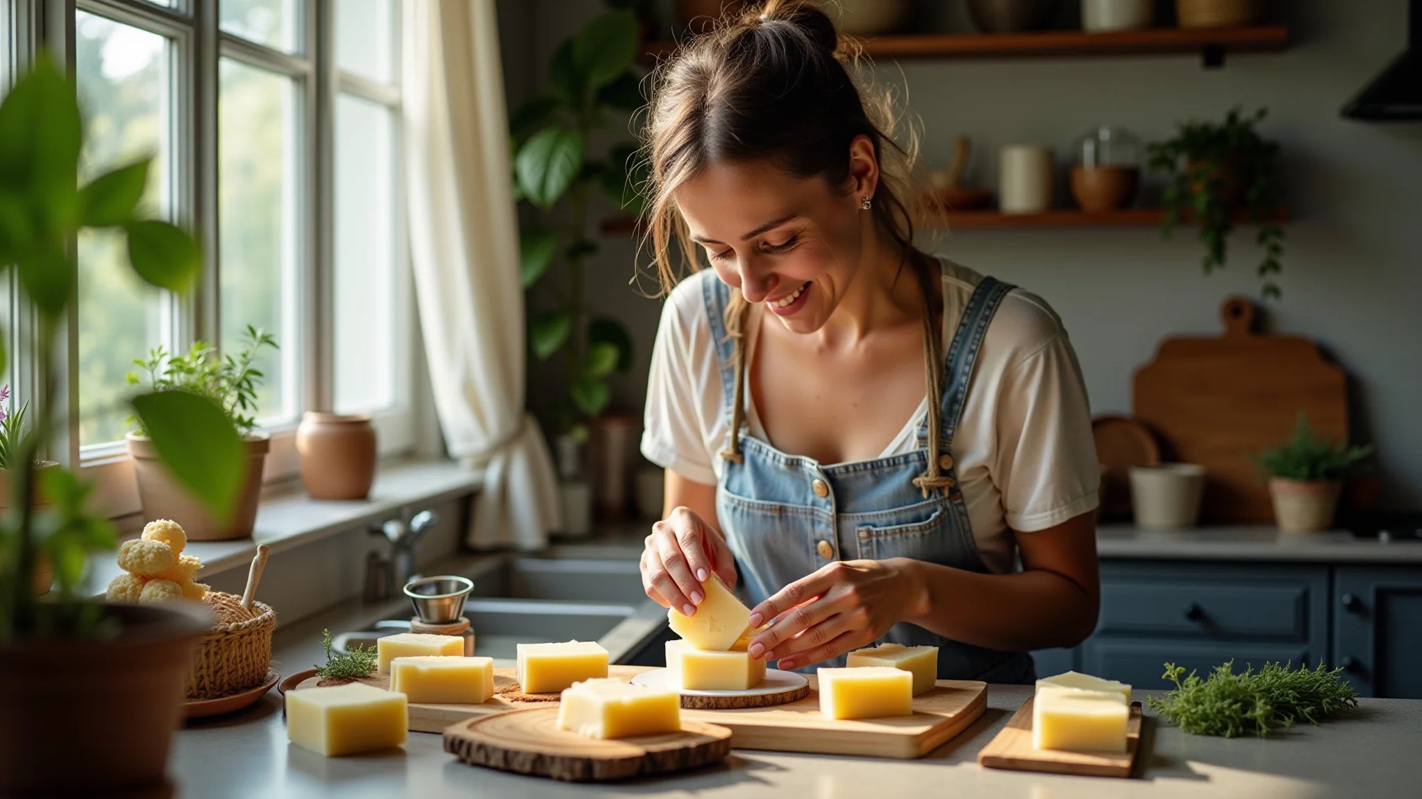 Mulher fazendo sabonetes artesanais em casa com ingredientes naturais e decoração brasileira.