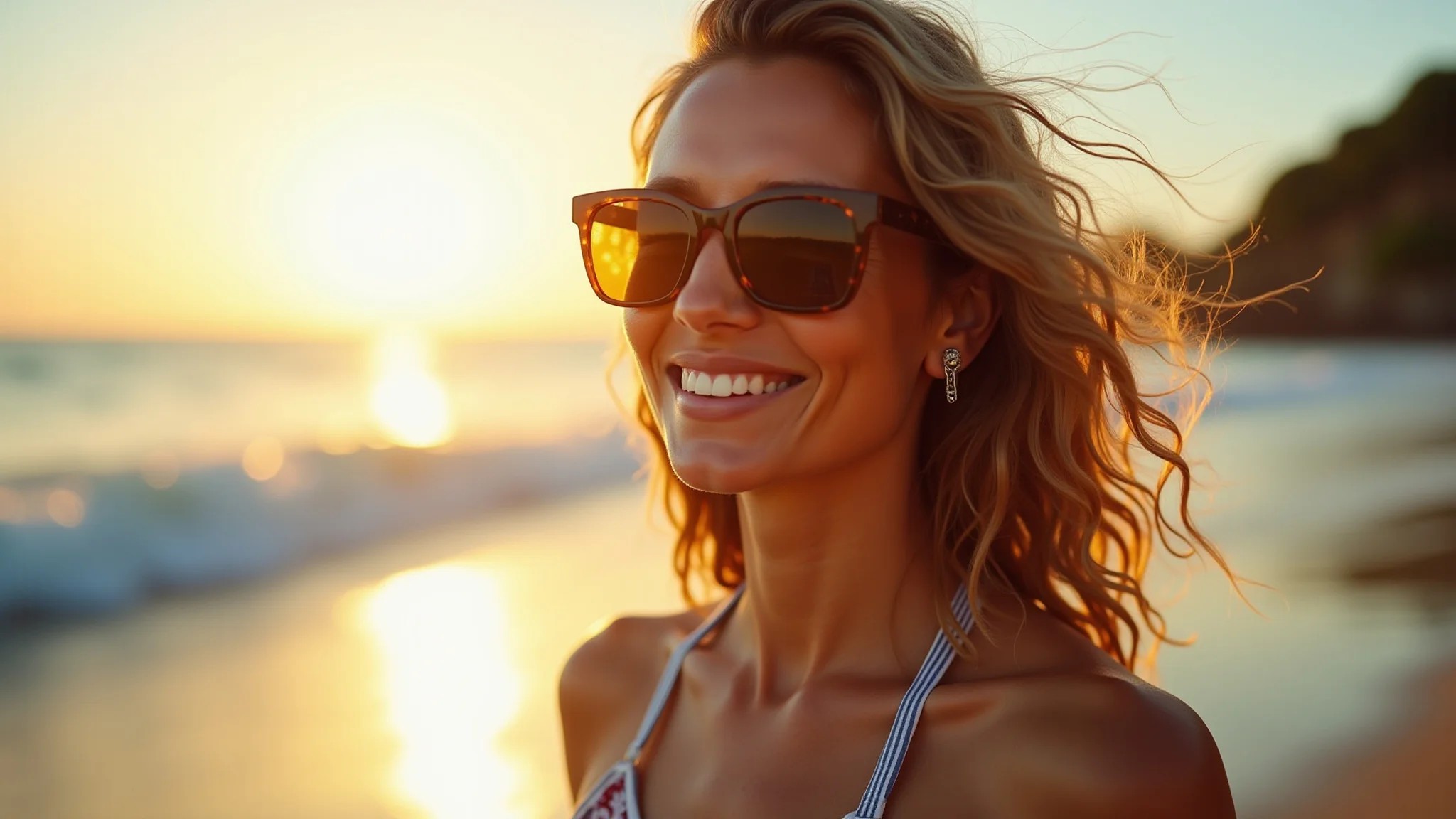 Mulher estilosa na praia usando óculos de sol com proteção UV e design moderno.