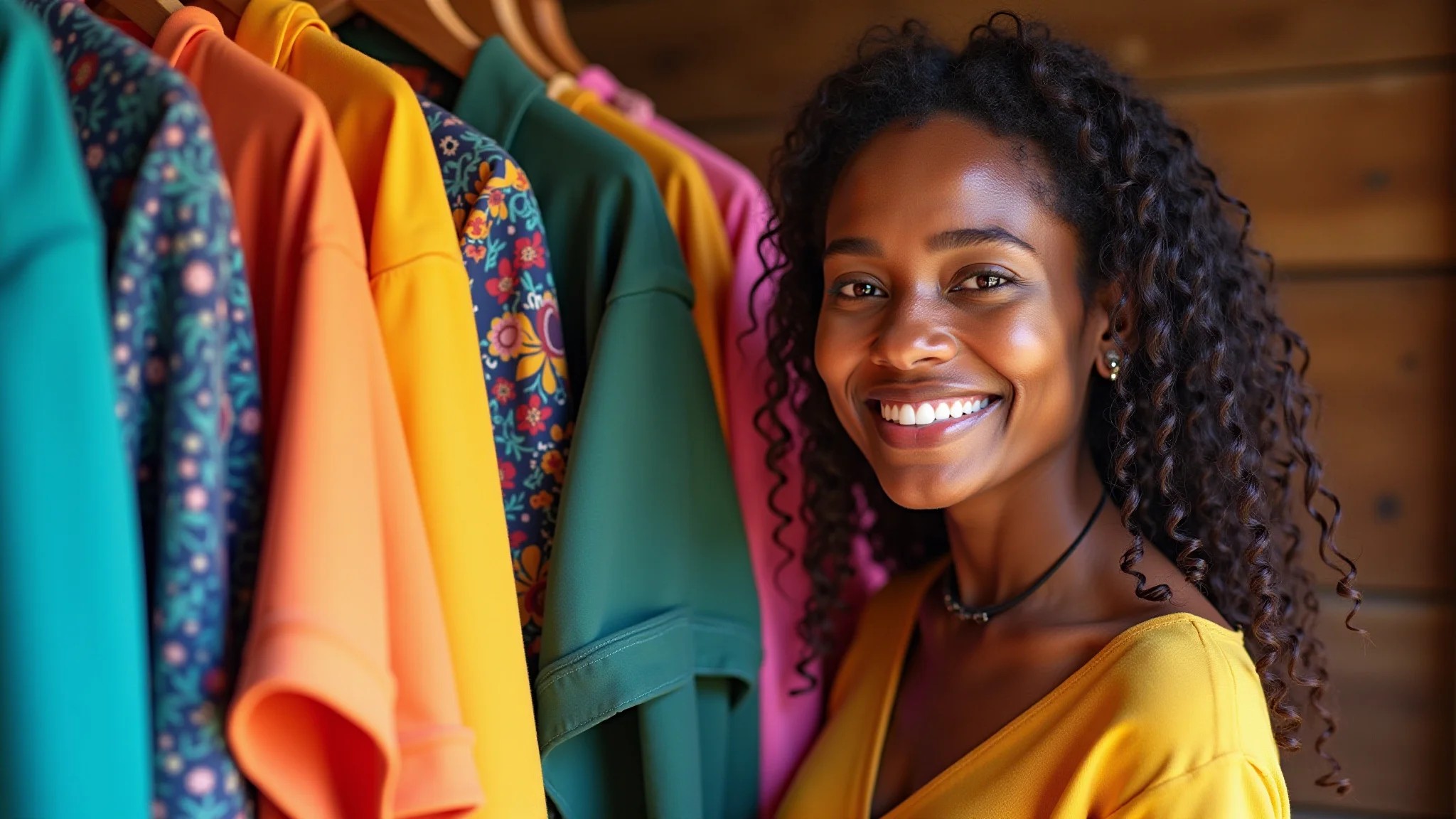 Mulher organizando roupas em um guarda-roupa colorido e bem iluminado.