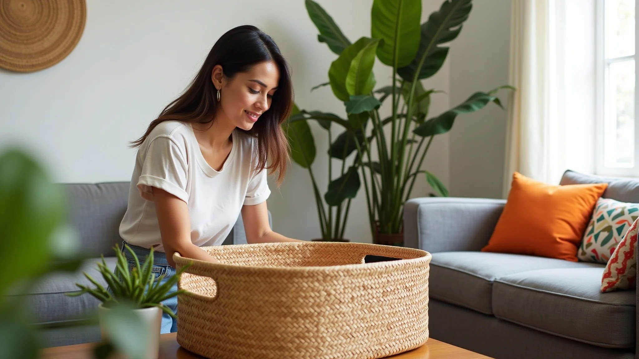 Mulher organizando sala com cesto de bambu, decoração colorida estilo Farm Rio.