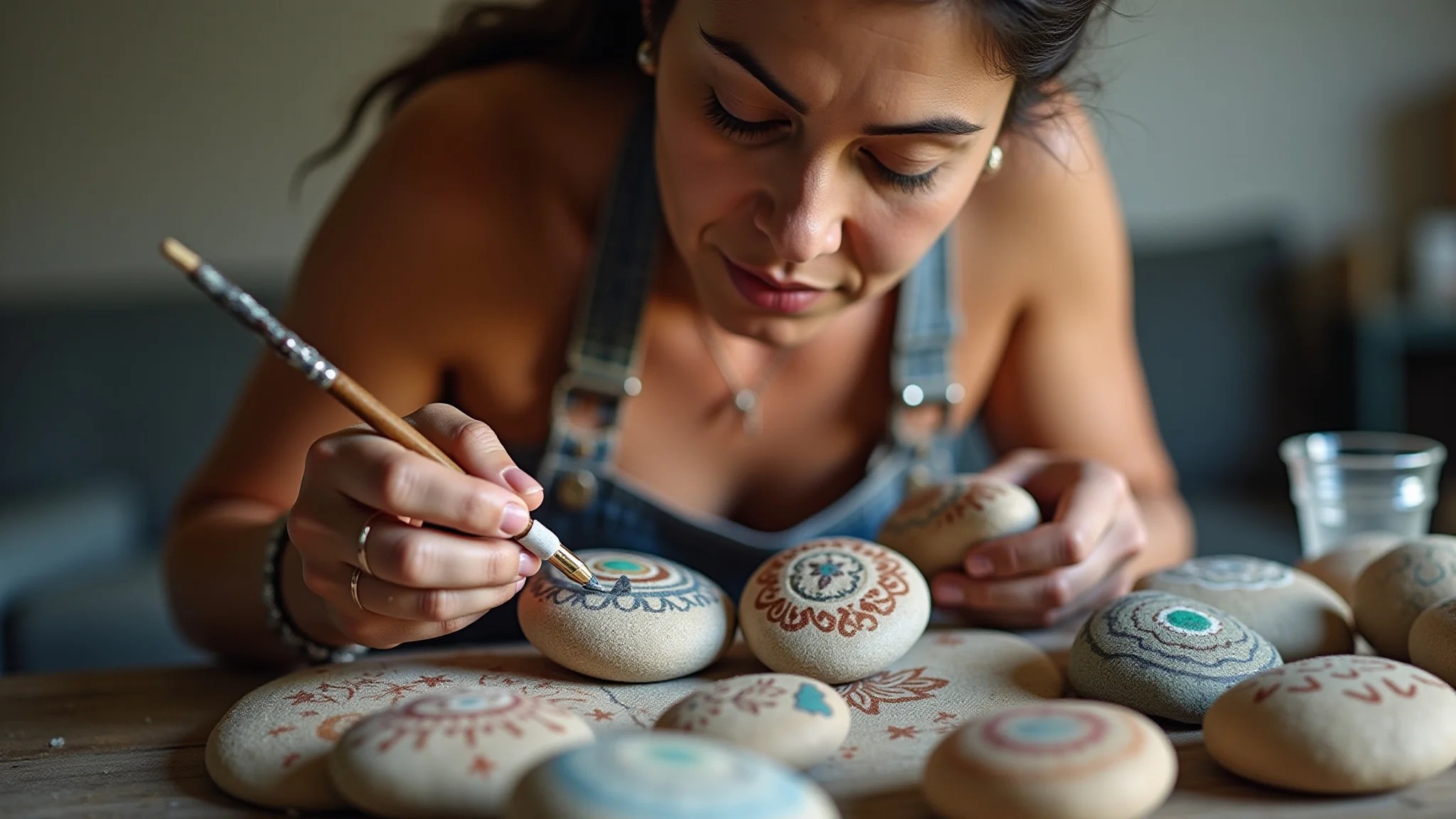 Mulher pintando pedras com desenhos detalhados, artesã brasileira.
