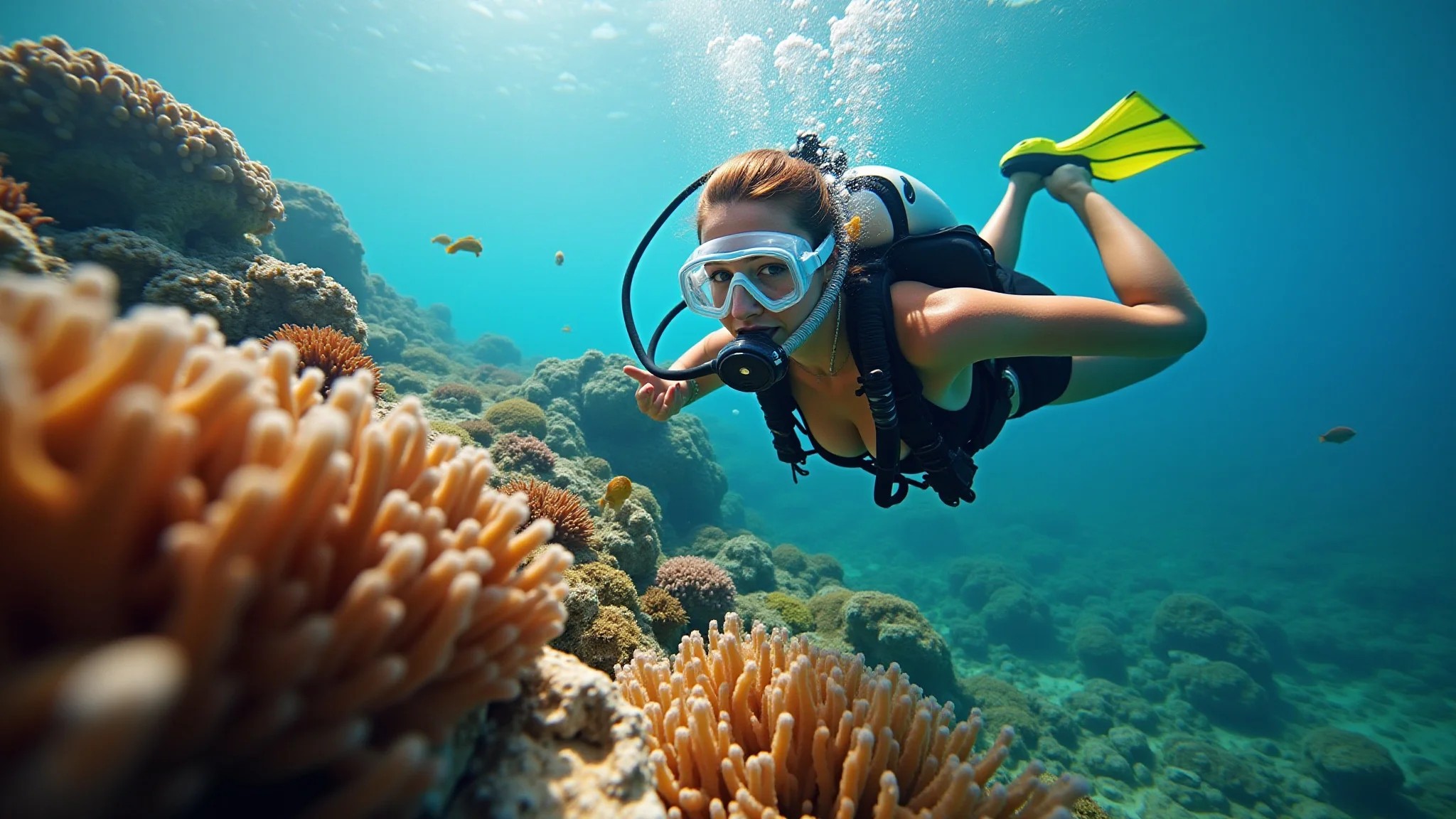 Mergulhadora admirando peixes coloridos em Roatán, Honduras, recife vibrante.