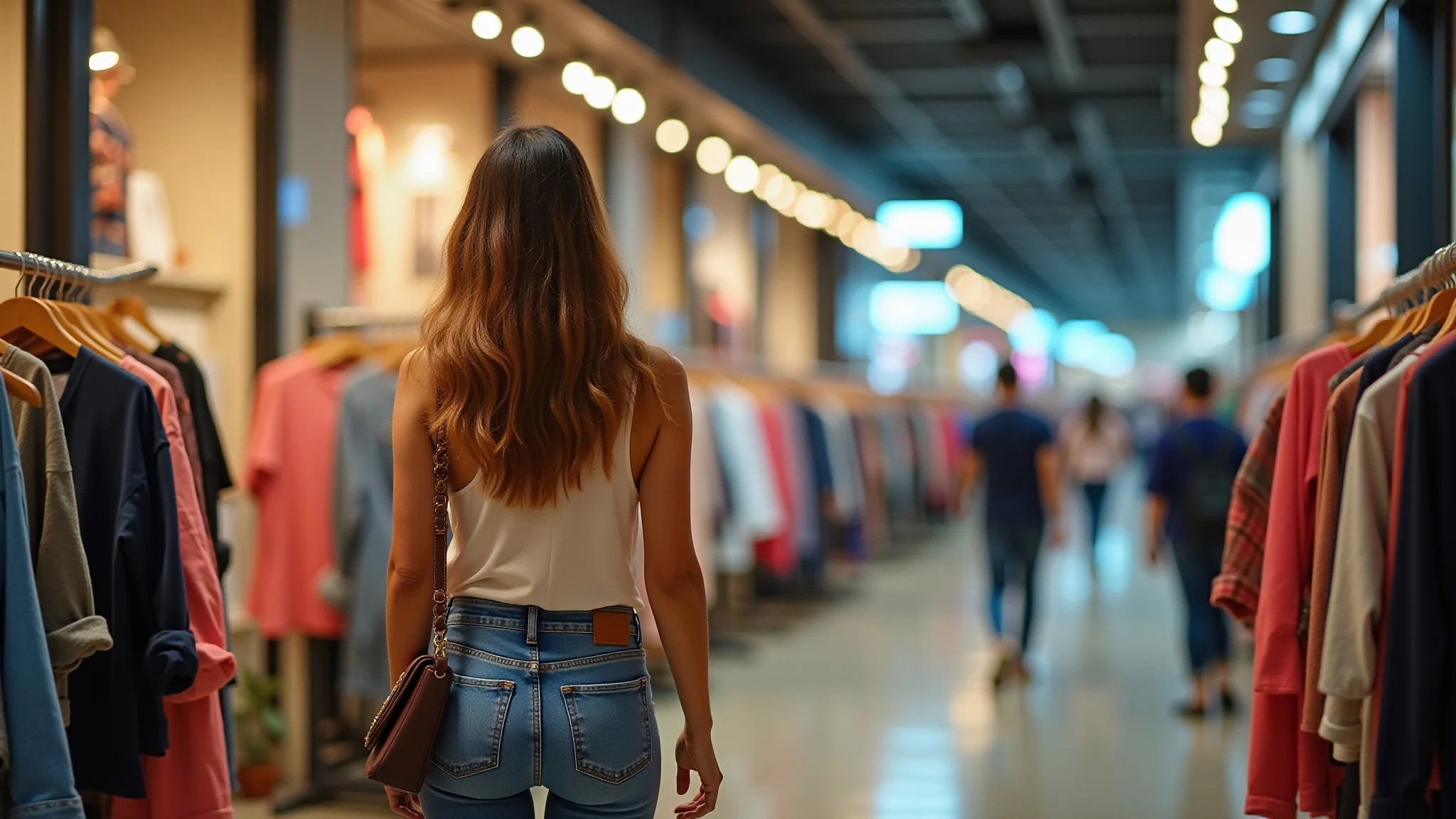 Mulher fazendo compras na Calle Florida, Buenos Aires, com diversas lojas e iluminação vibrante.