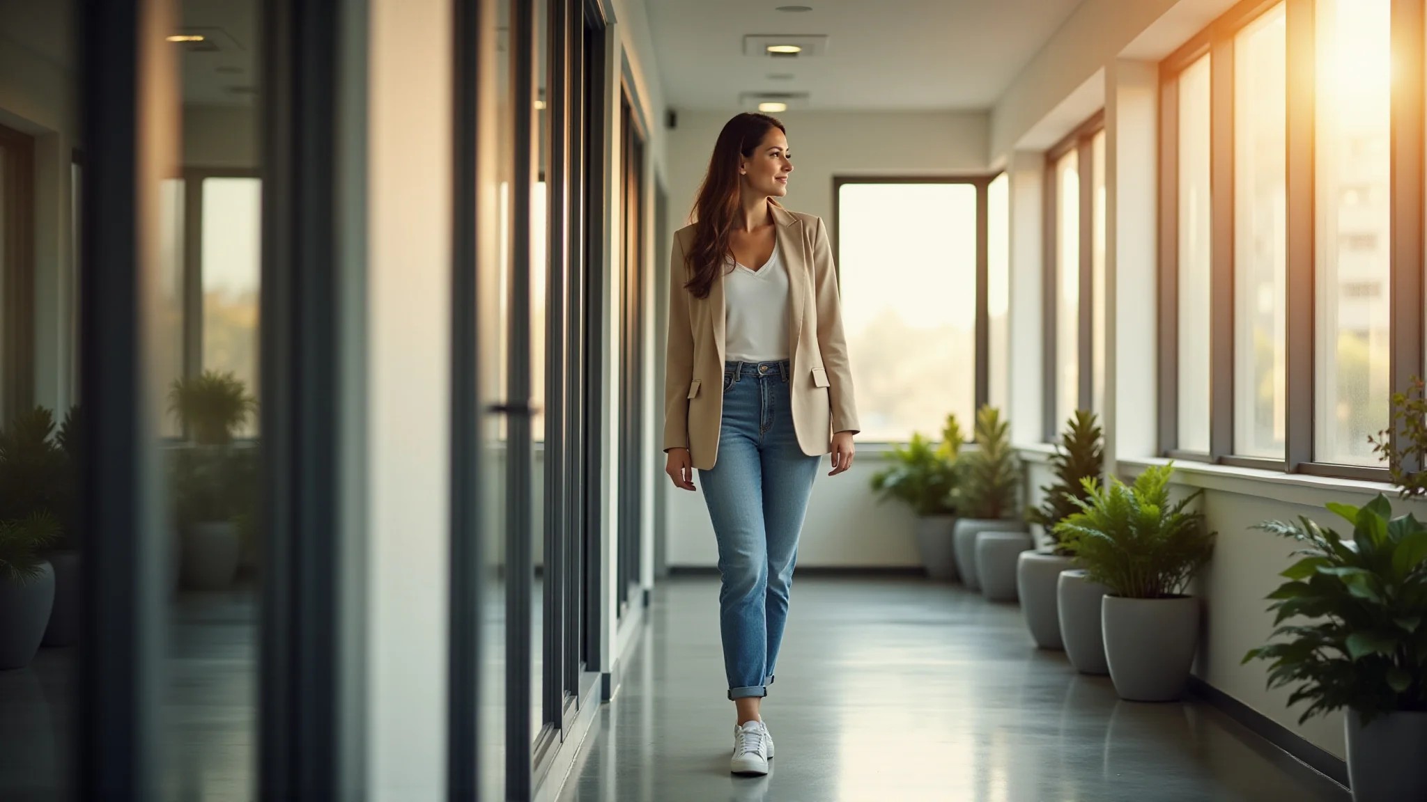 Look casual chic com blazer de linho bege, jeans e tênis branco.