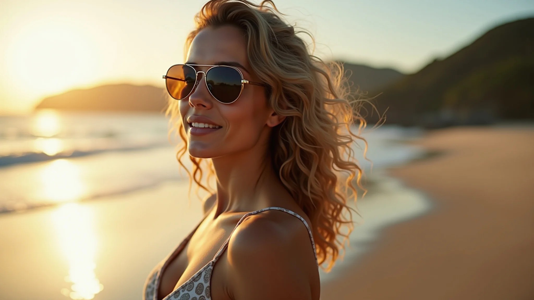 Mulher com óculos aviador na praia, estilo atemporal e proteção solar.