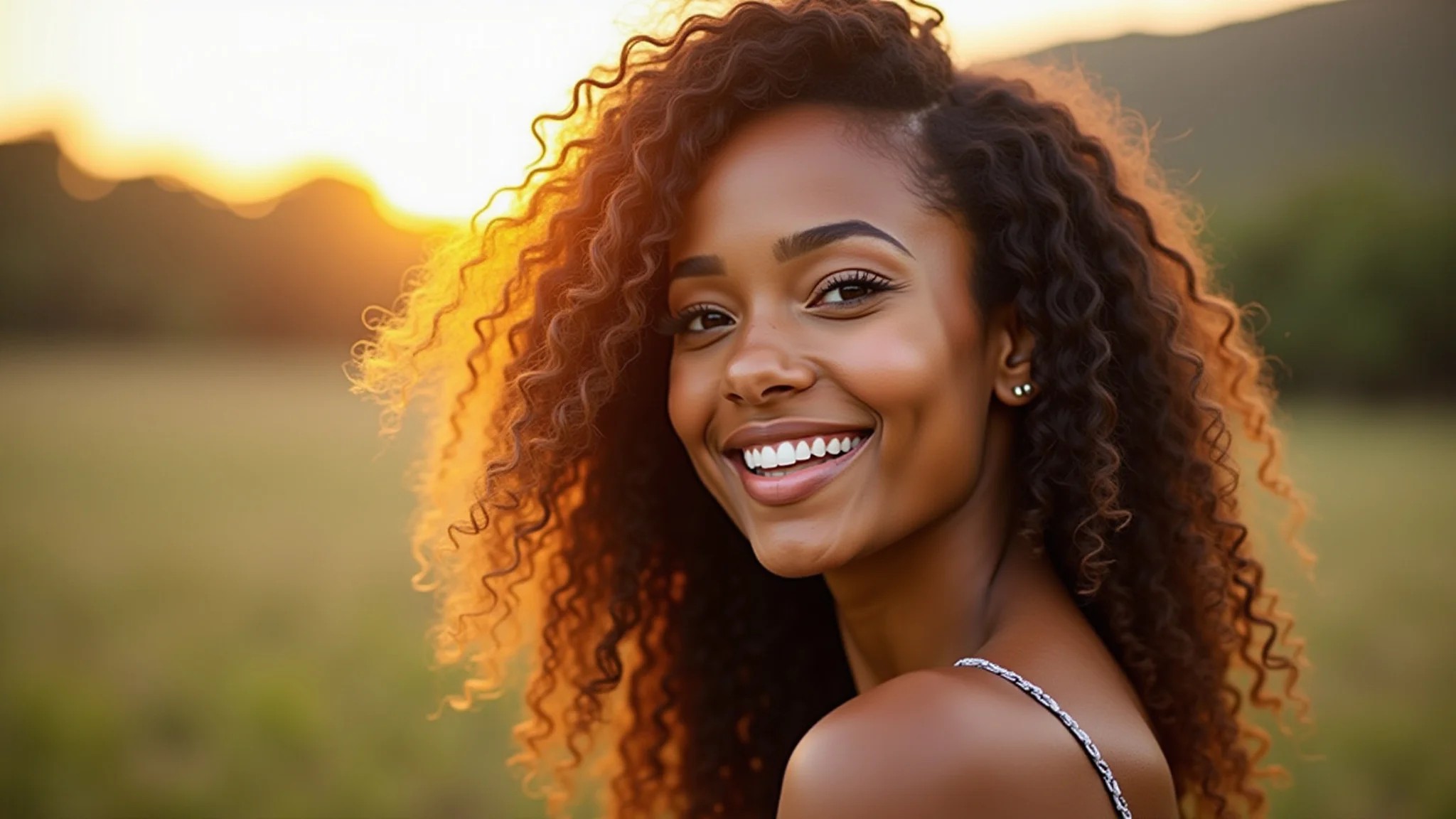Mulher sorrindo com cachos definidos após fitagem, luz natural.