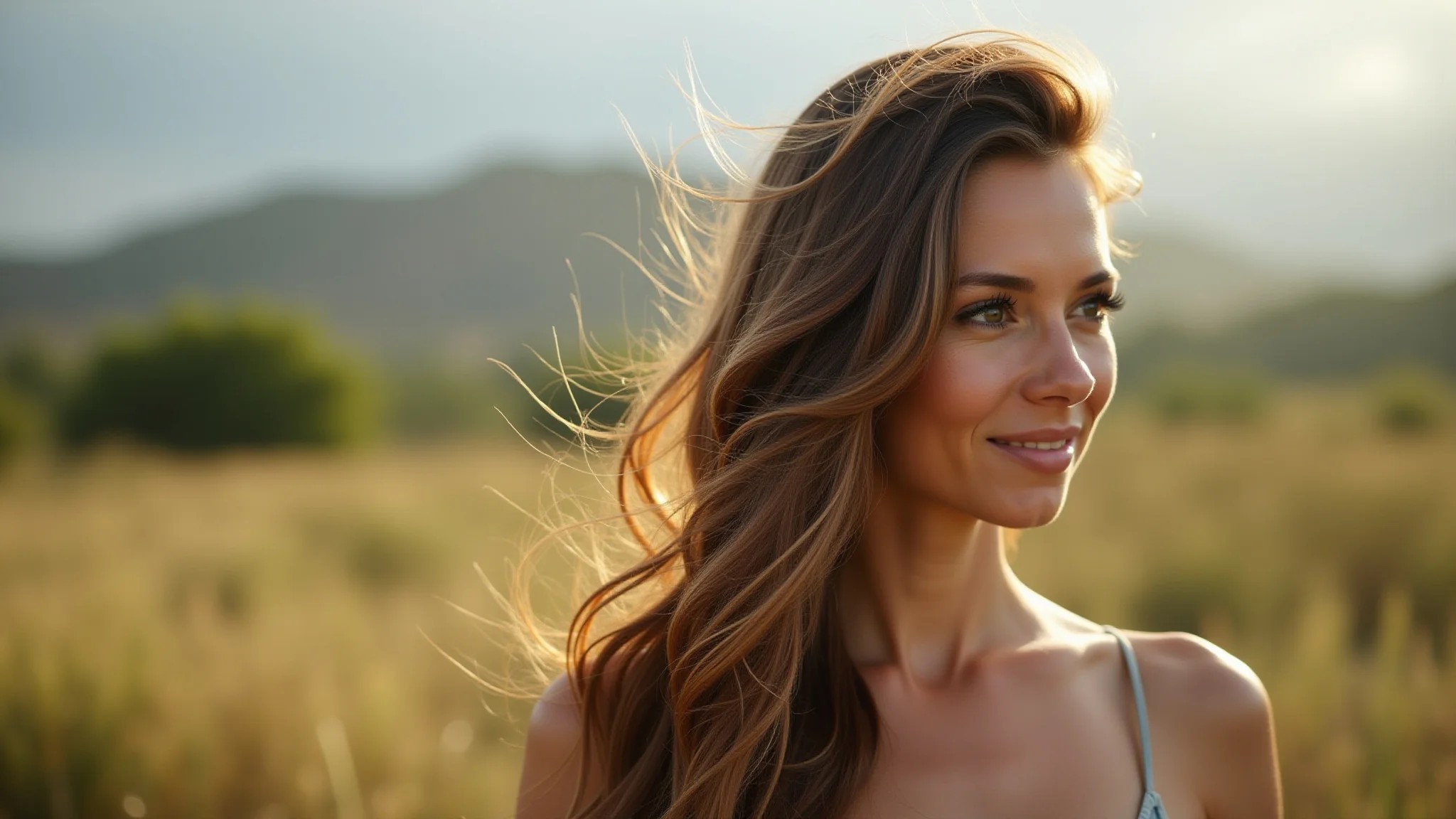 Mulher exibindo cabelo longo e sedoso após botox capilar, estilo Farm Rio, luz natural.