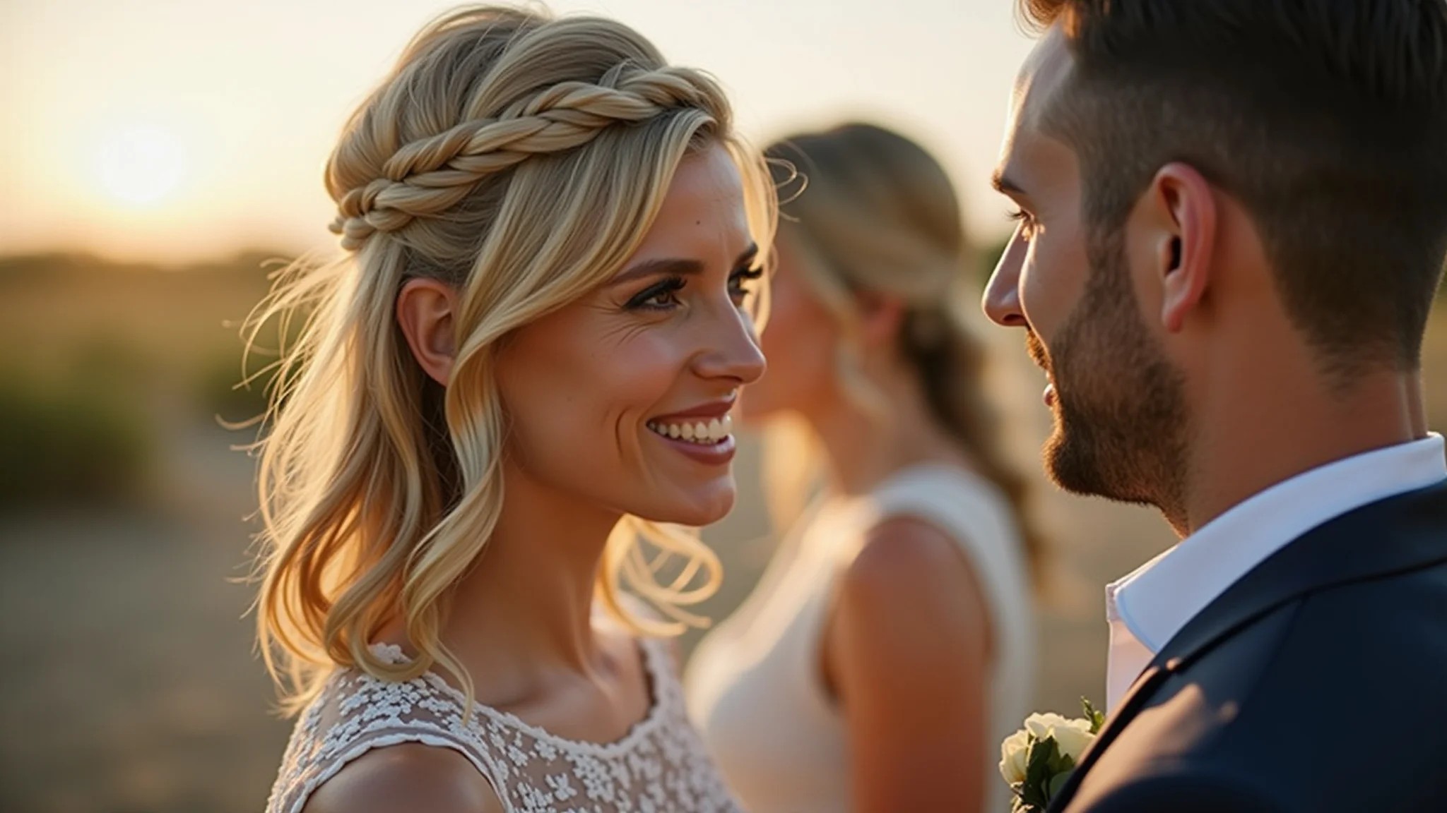 Mulher com semi-preso trançado, convidada de casamento, vestido estilo Farm Rio.